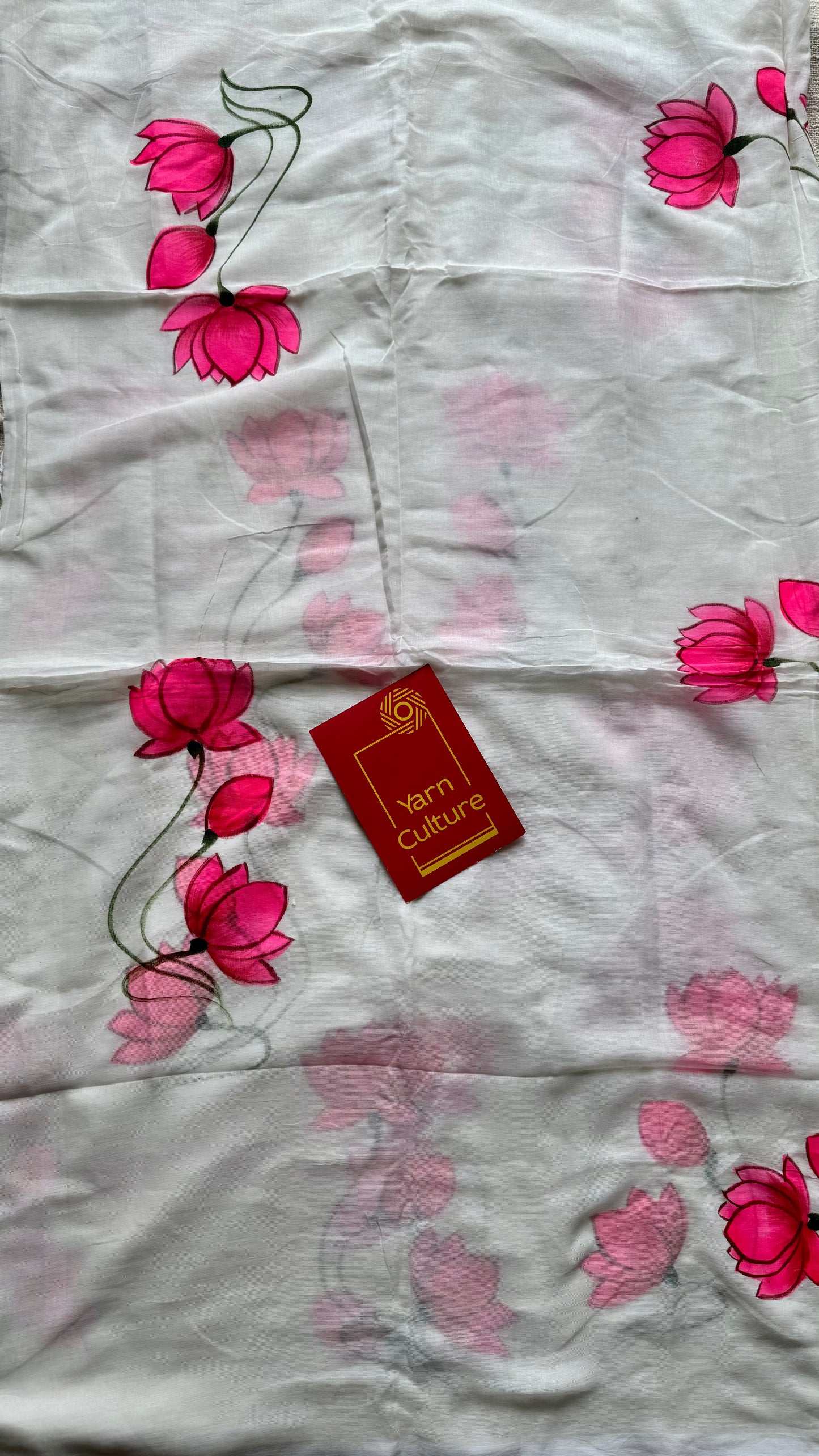 White with bright pink lotus vines, mul cotton - YCON25BCM36