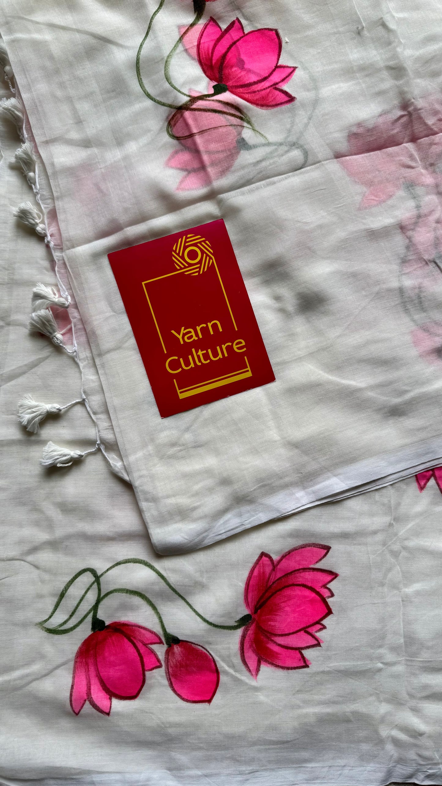 White with bright pink lotus vines, mul cotton - YCON25BCM36