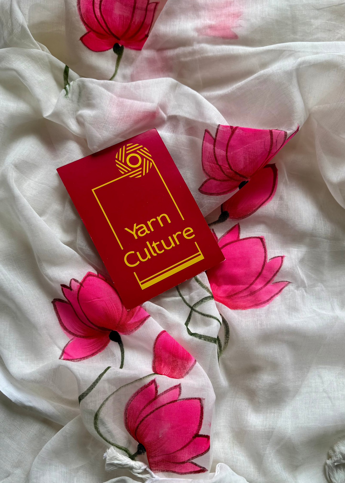 White with bright pink lotus vines, mul cotton - YCON25BCM36