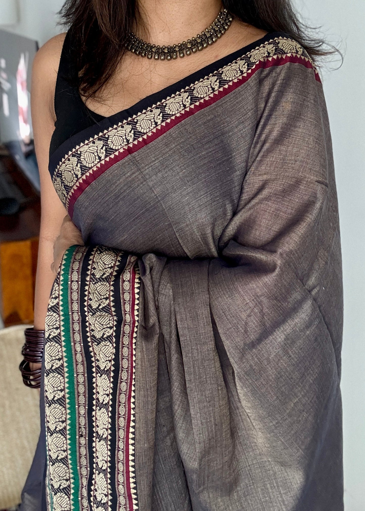 Grey with black motif border premium narayanpet cotton