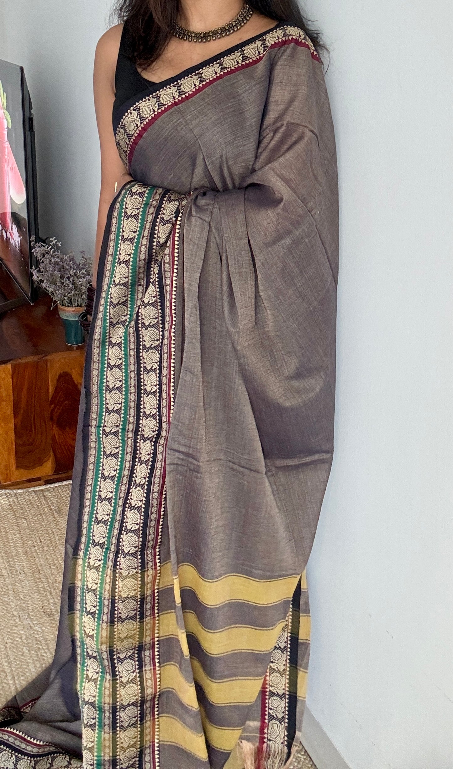 Grey with black motif border premium narayanpet cotton