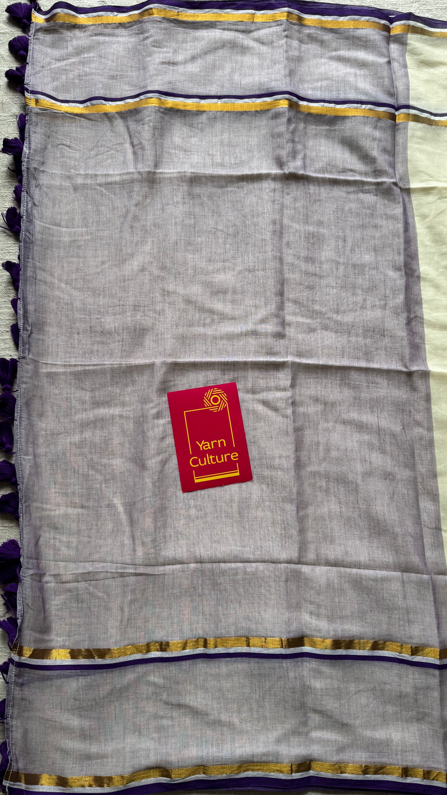 Ivory with violet and gold stripe border, mul cotton - YCON25BCM104
