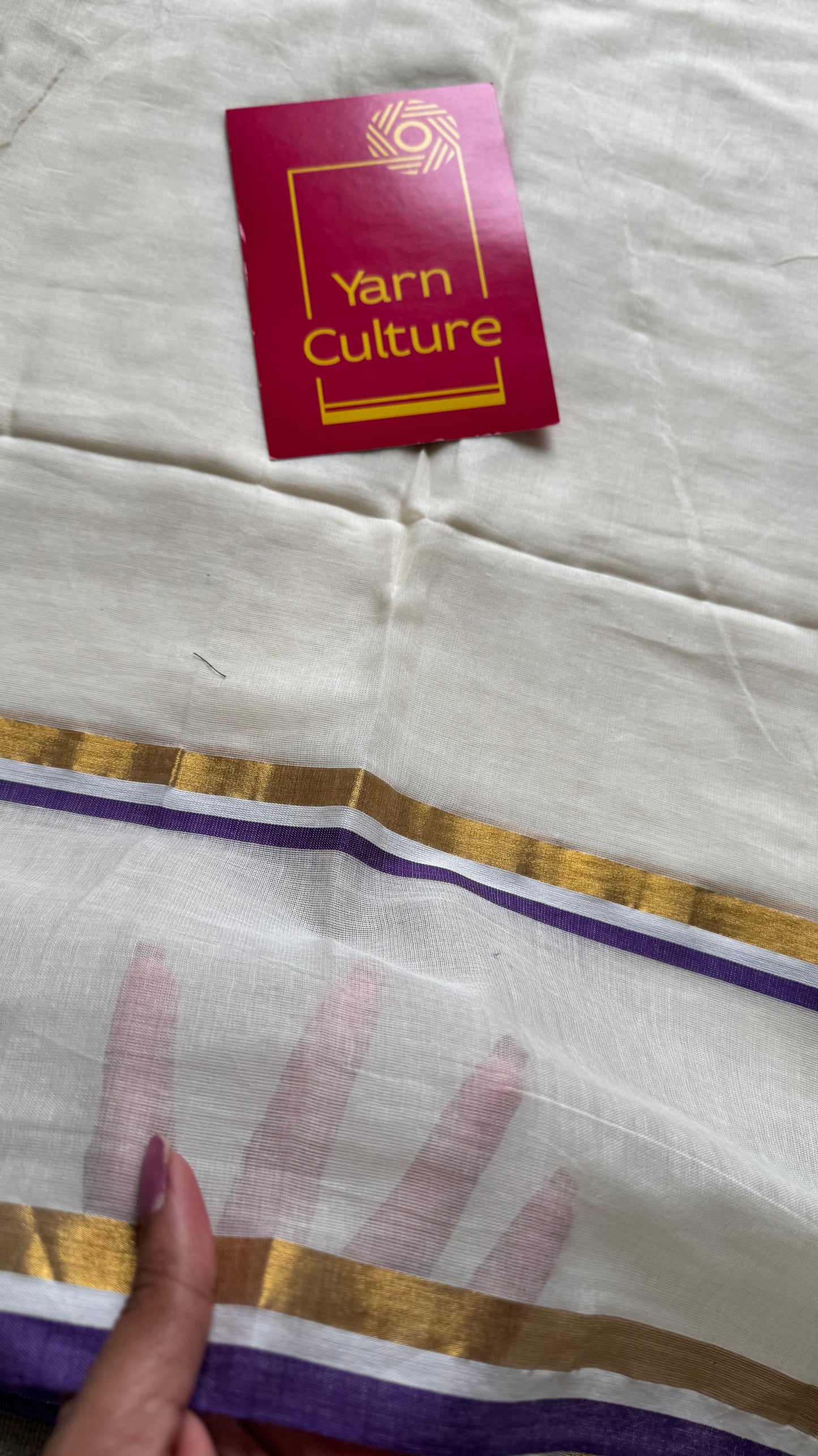 Ivory with violet and gold stripe border, mul cotton - YCON25BCM104