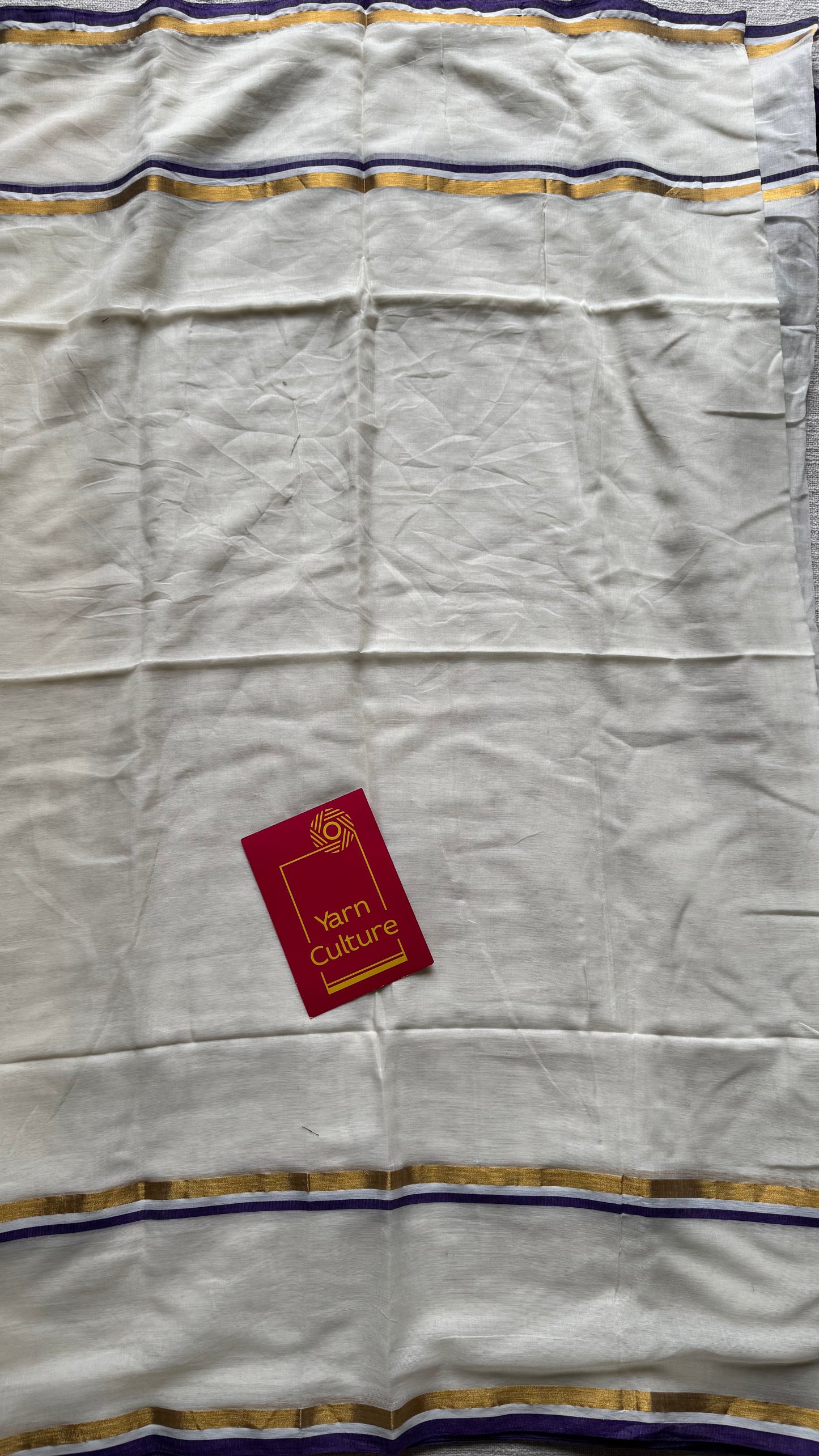 Ivory with violet and gold stripe border, mul cotton - YCON25BCM104