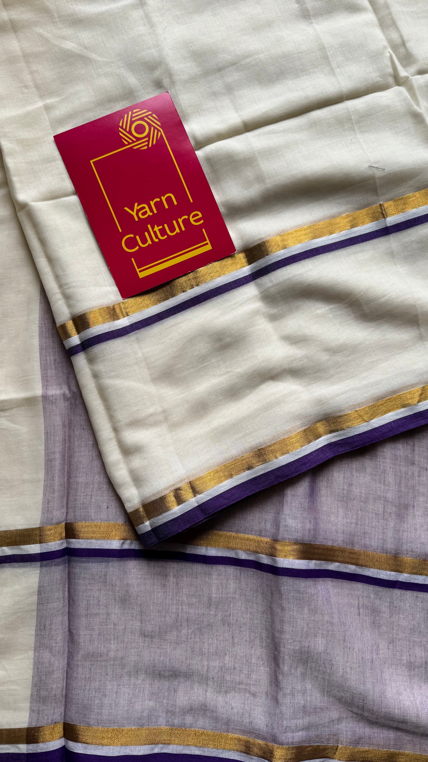 Ivory with violet and gold stripe border, mul cotton - YCON25BCM104