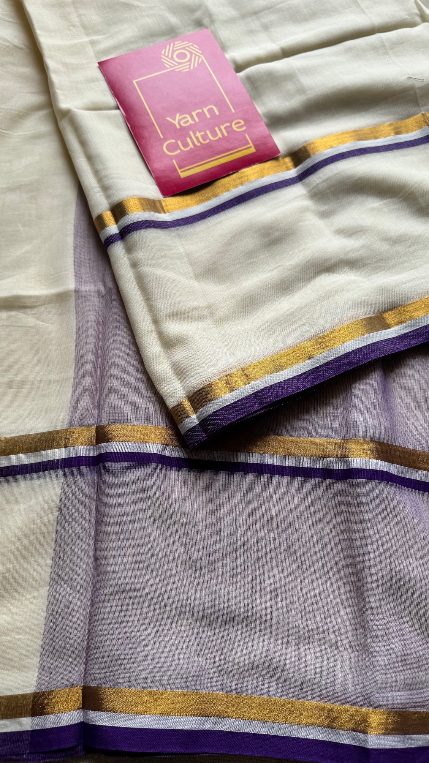 Ivory with violet and gold stripe border, mul cotton - YCON25BCM104