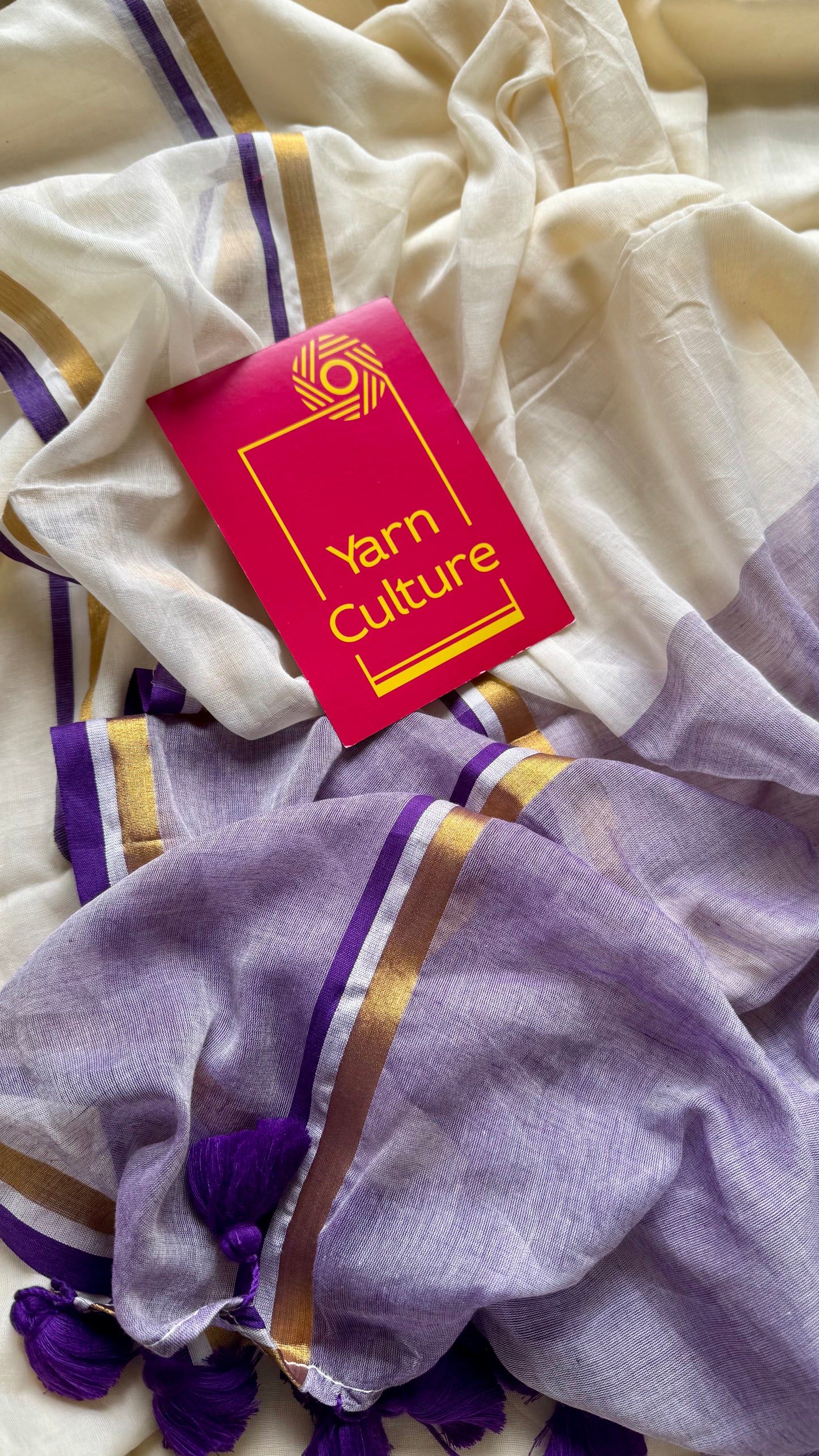 Ivory with violet and gold stripe border, mul cotton - YCON25BCM104