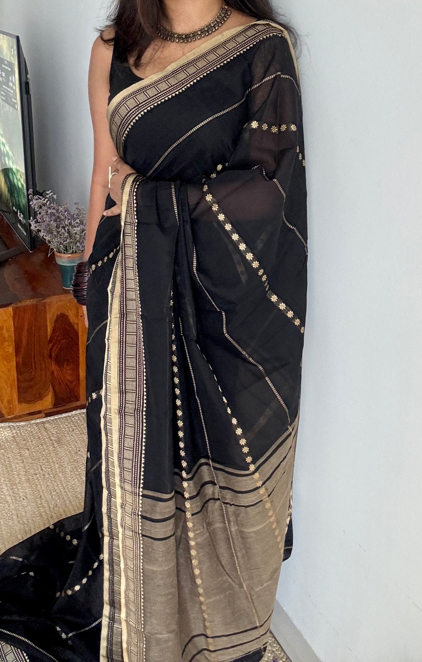 Black premium narayanpet with cream motif pattern