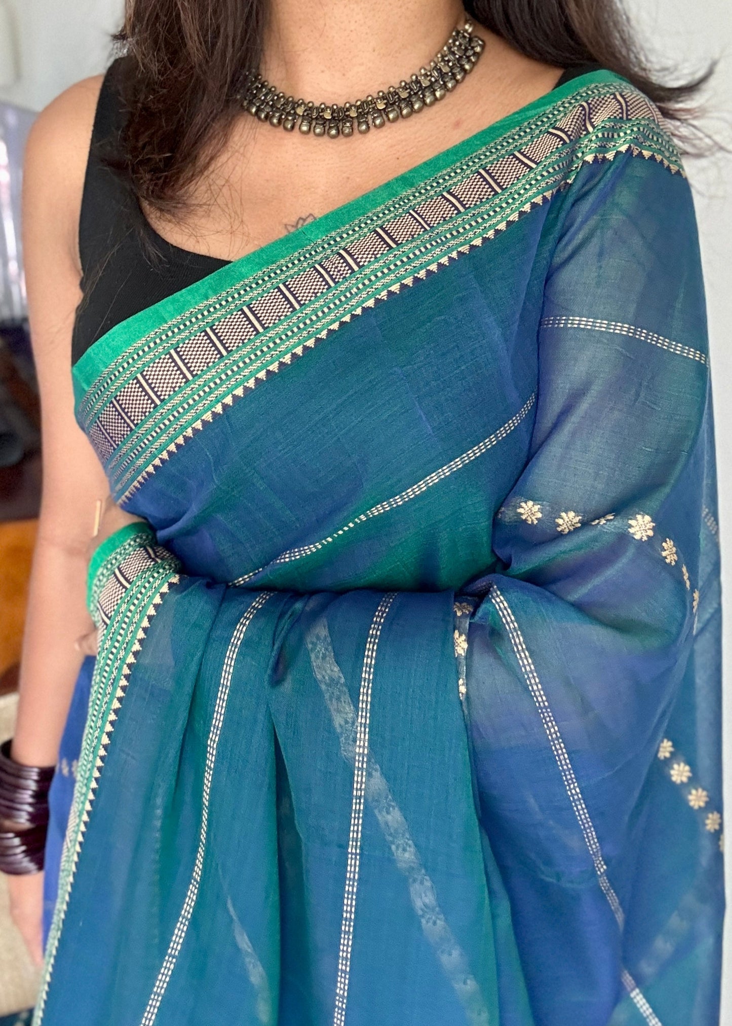 Peacock blue with Green premium narayanpet with cream motif pattern YCWOTDNP05