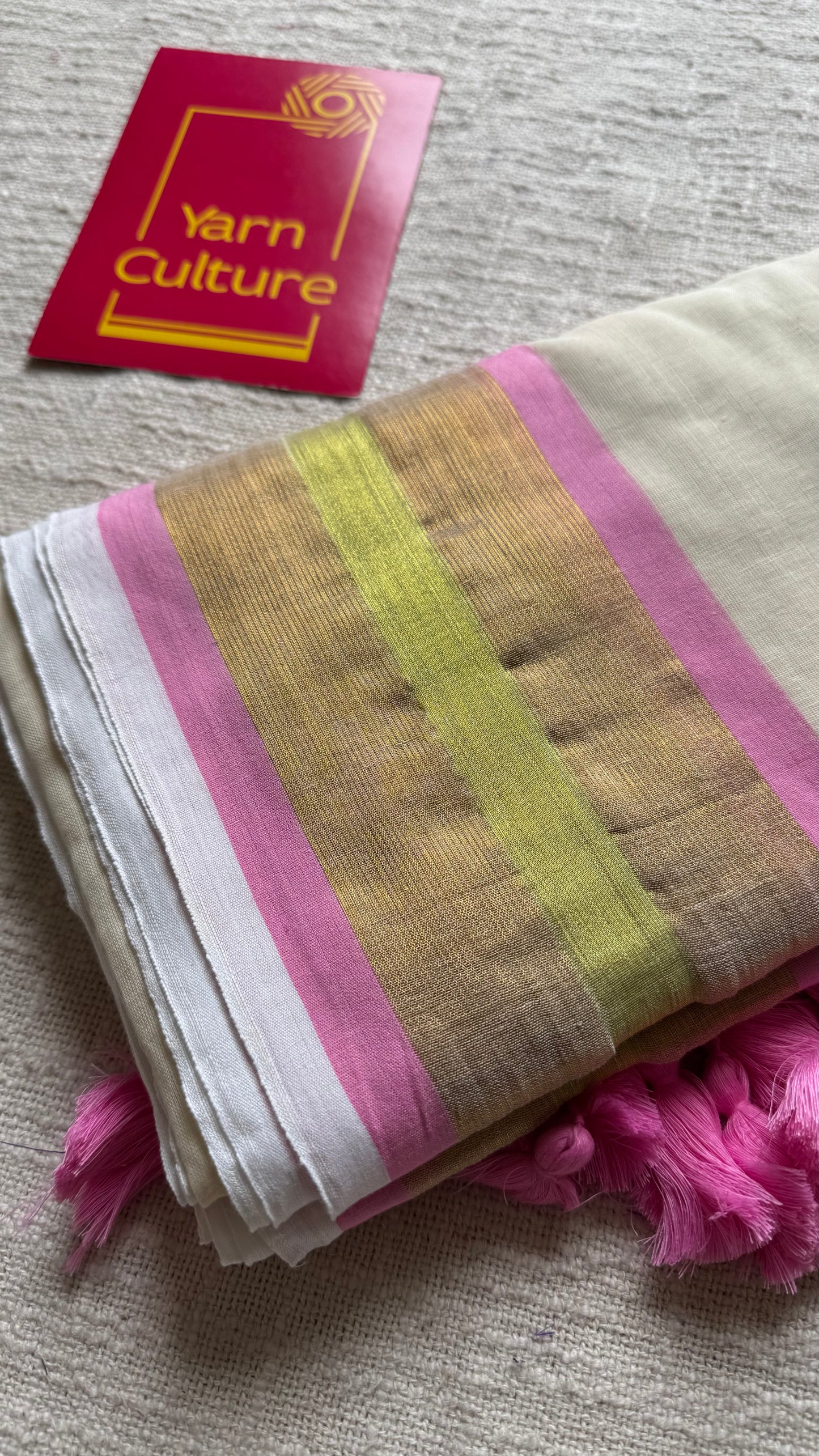 Ivory with pink and bright gold zari border, mul cotton - YCON25BCM51