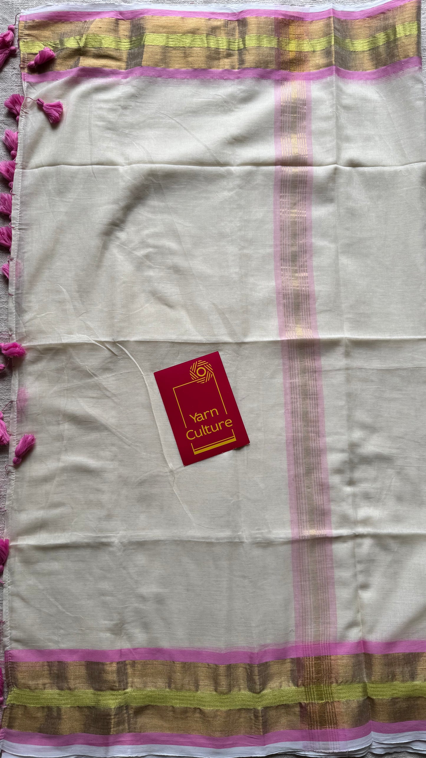 Ivory with pink and bright gold zari border, mul cotton - YCON25BCM51