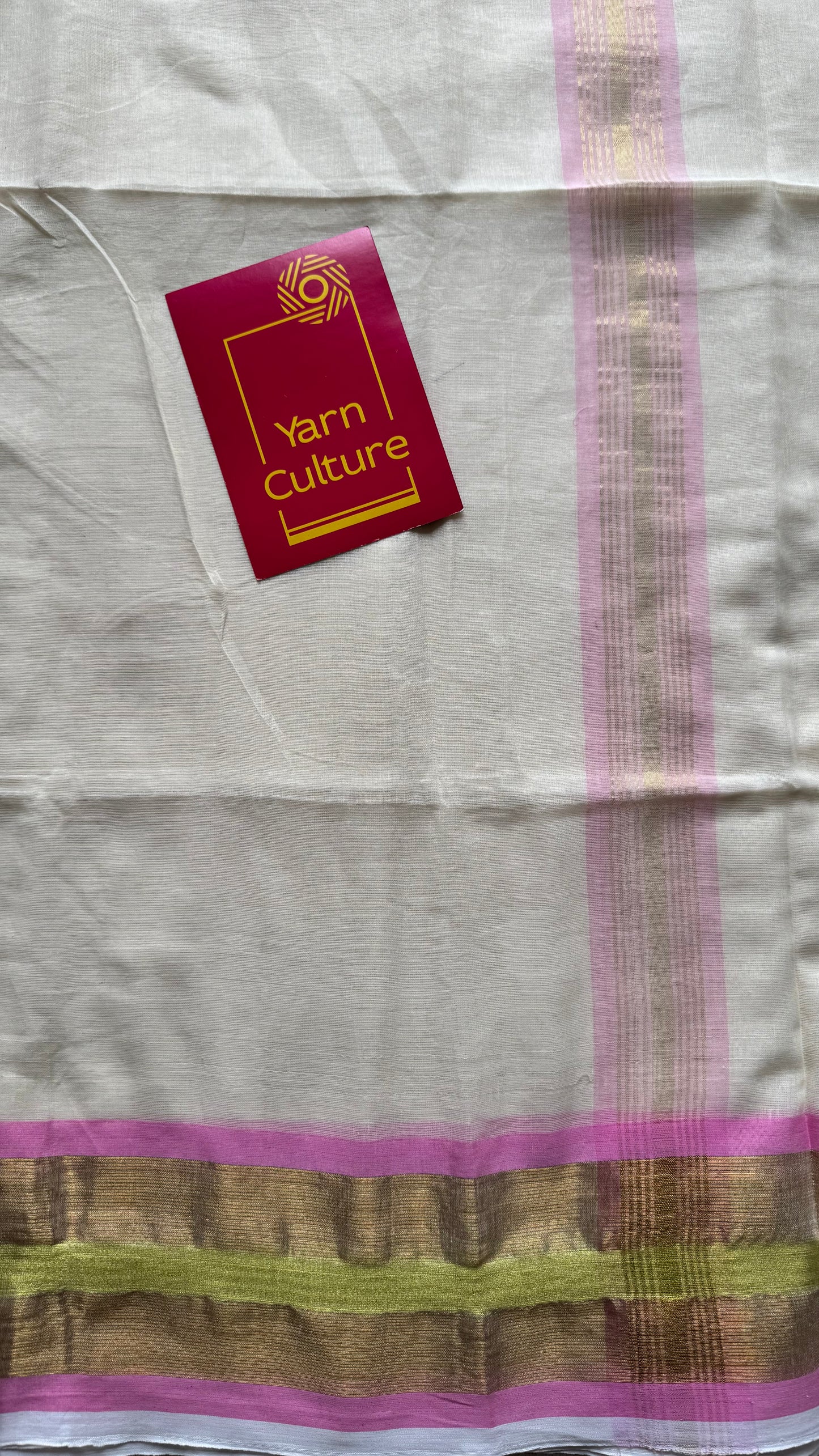 Ivory with pink and bright gold zari border, mul cotton - YCON25BCM51