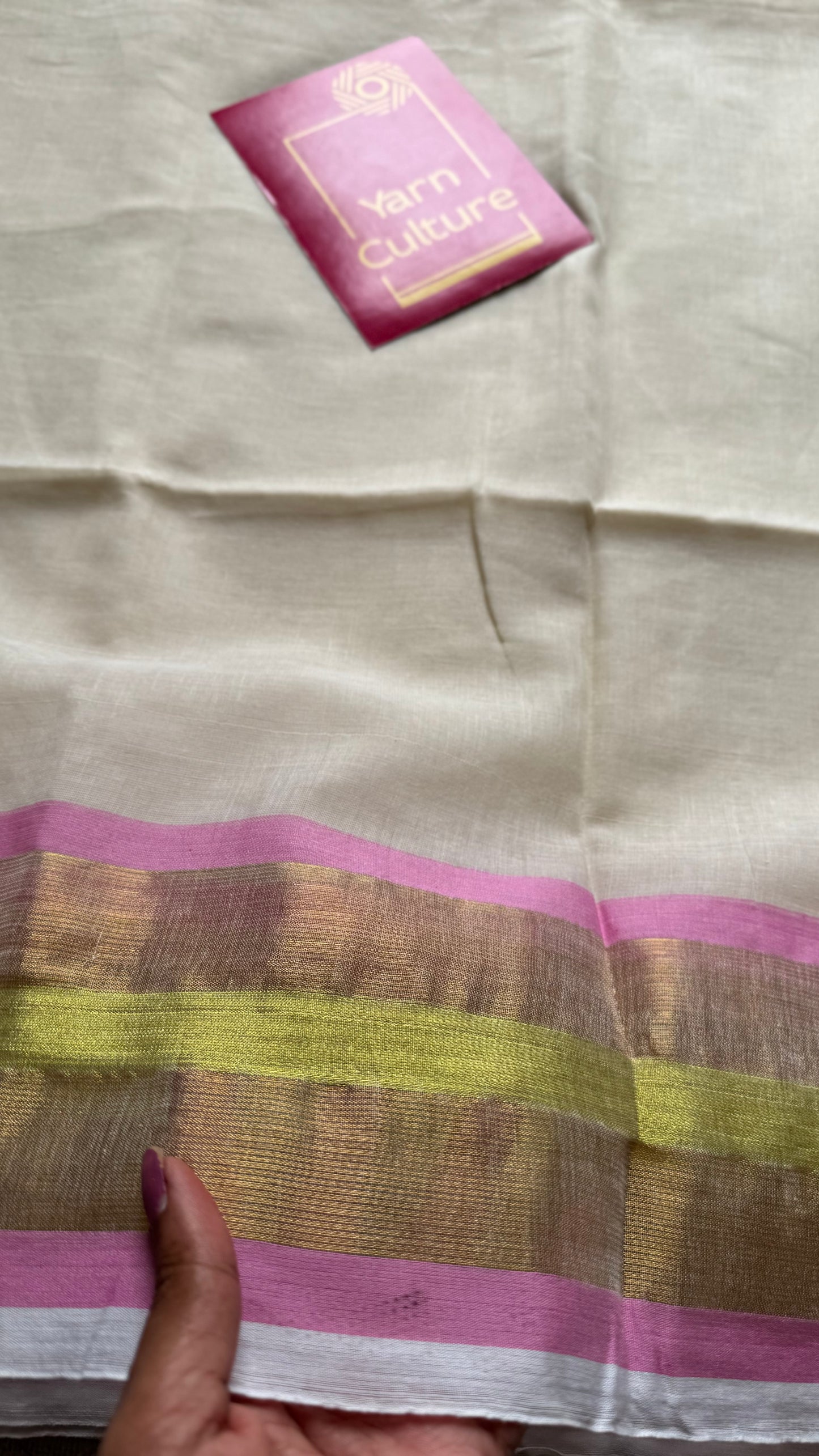 Ivory with pink and bright gold zari border, mul cotton - YCON25BCM51