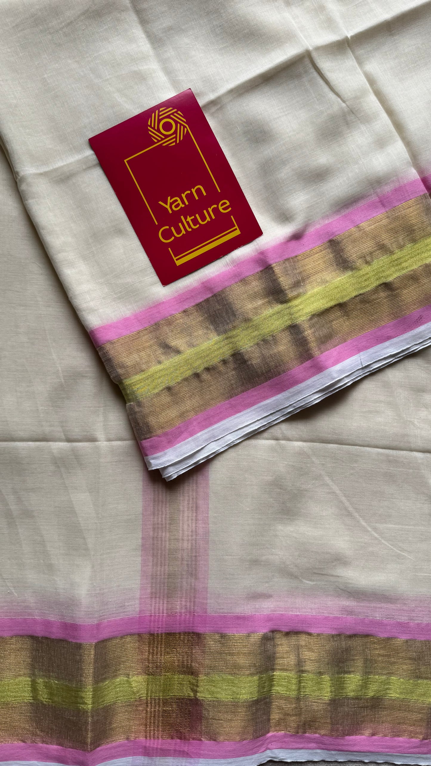 Ivory with pink and bright gold zari border, mul cotton - YCON25BCM51