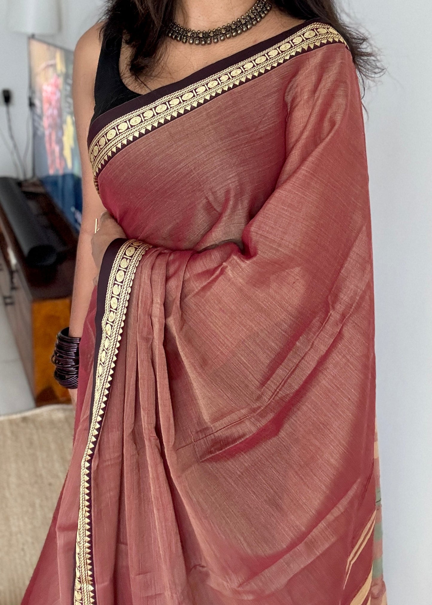 Pinkish Brown premium narayanpet with dark brown motif border