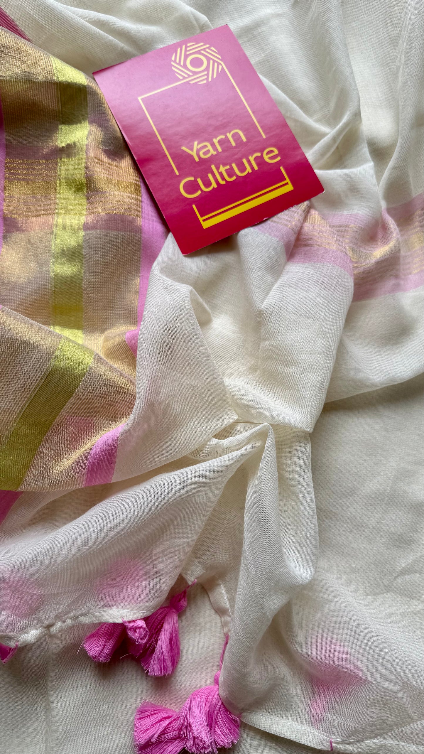 Ivory with pink and bright gold zari border, mul cotton - YCON25BCM51