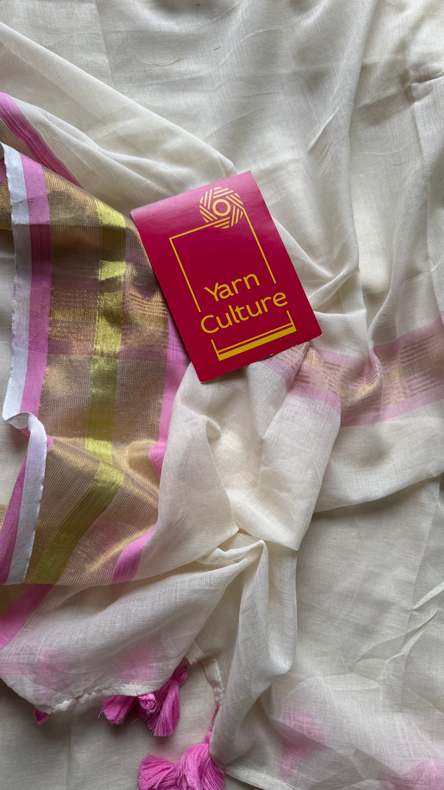 Ivory with pink and bright gold zari border, mul cotton - YCON25BCM51