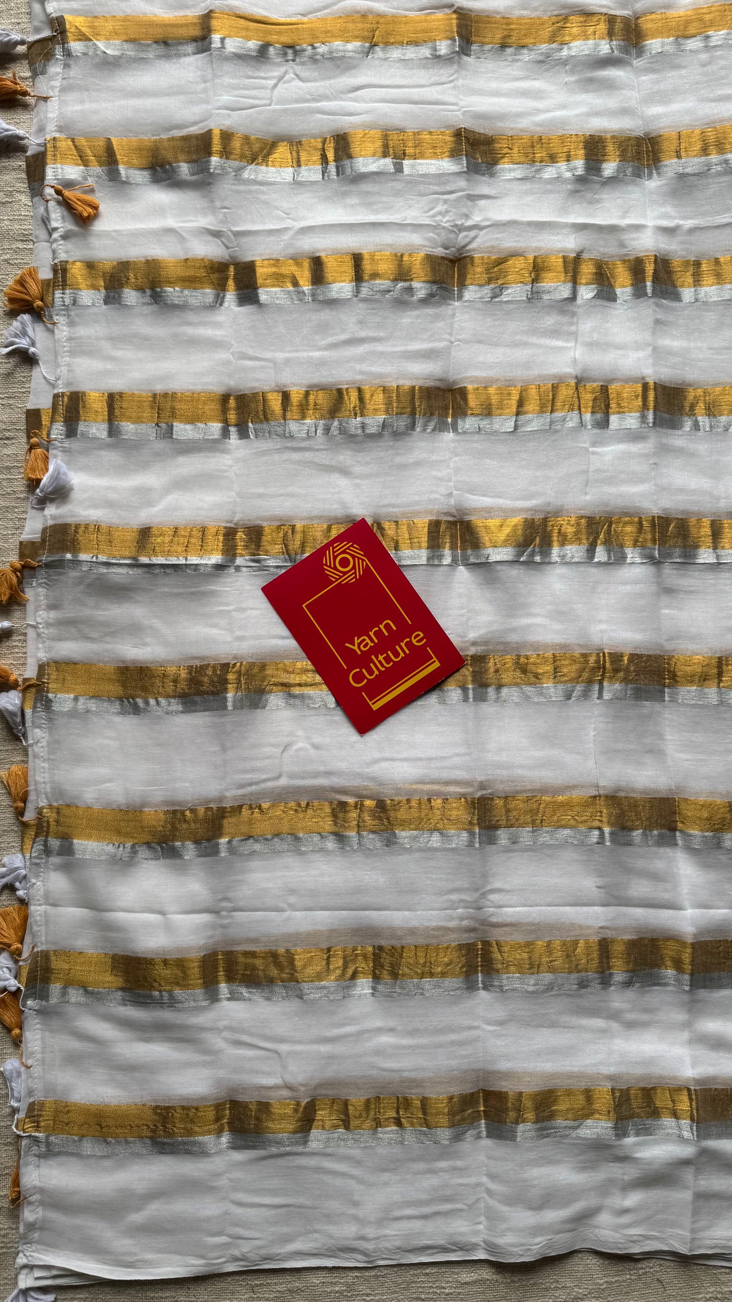 White with gold and silver zari stripes, mul cotton - YCON25BCM59