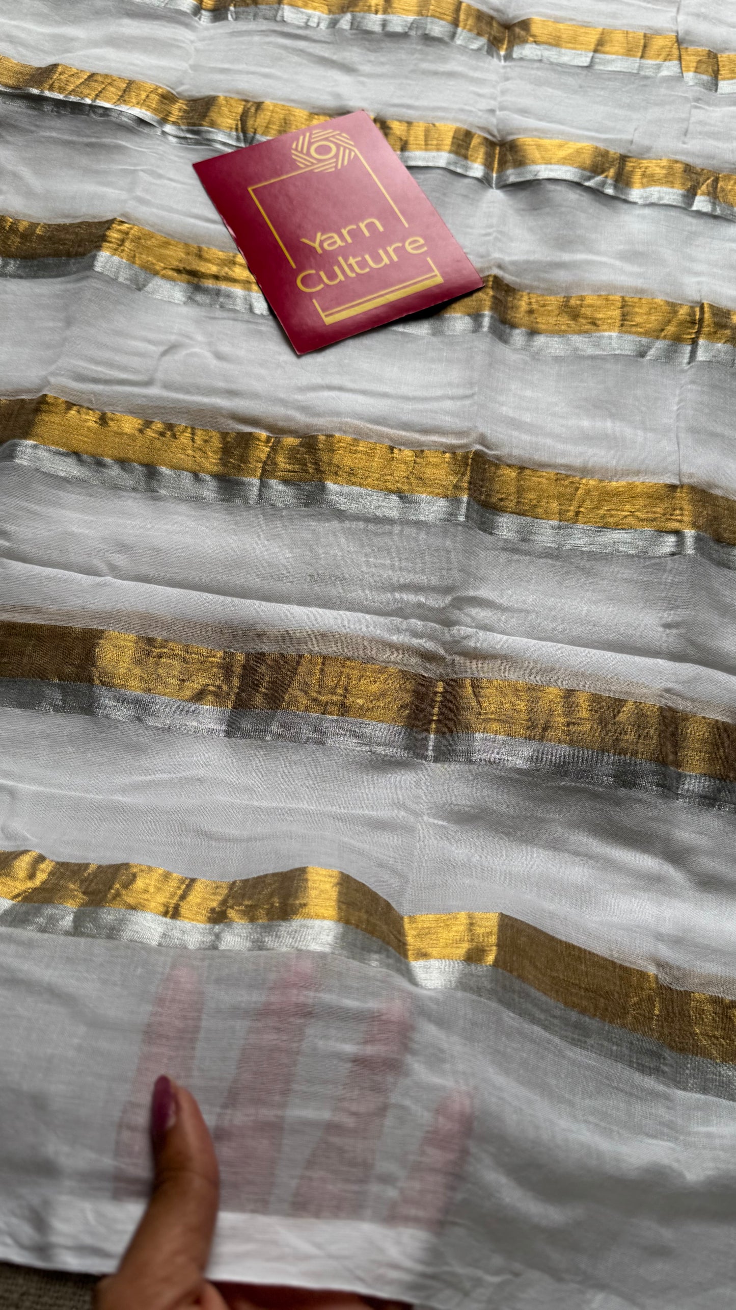 White with gold and silver zari stripes, mul cotton - YCON25BCM59