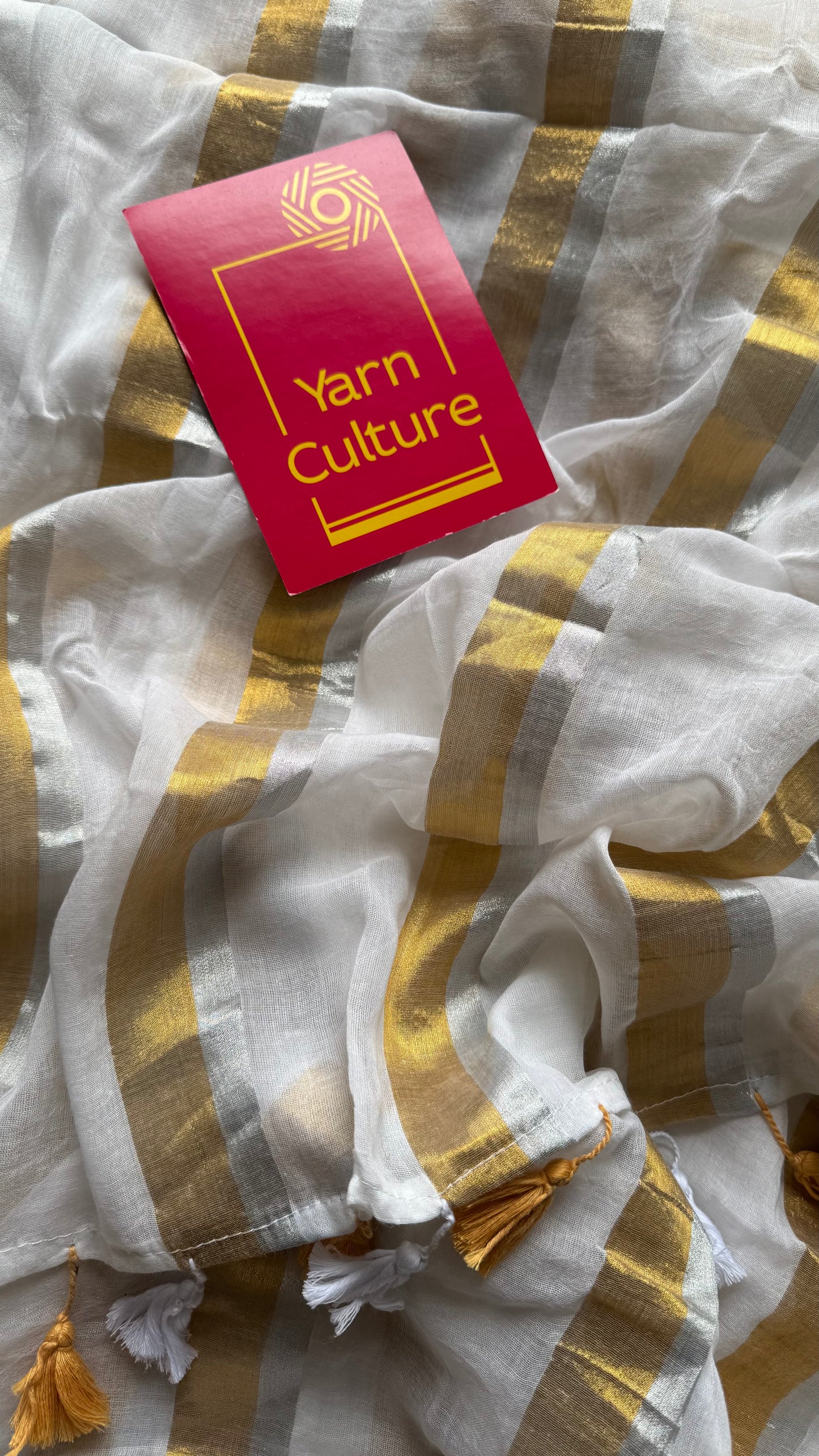 White with gold and silver zari stripes, mul cotton - YCON25BCM59