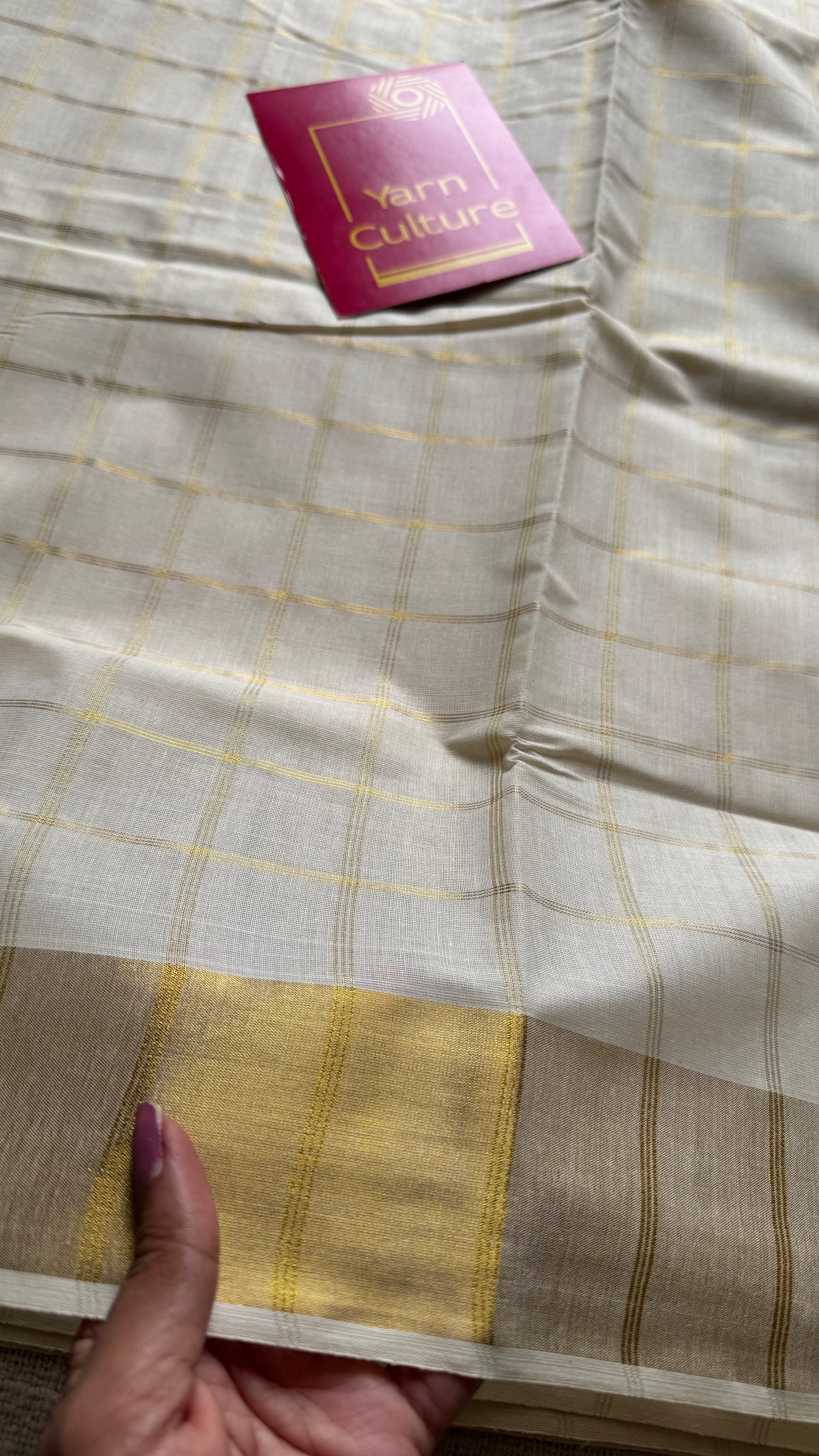 Ivory and gold checks, kerala tissue cotton - YCON25MC272