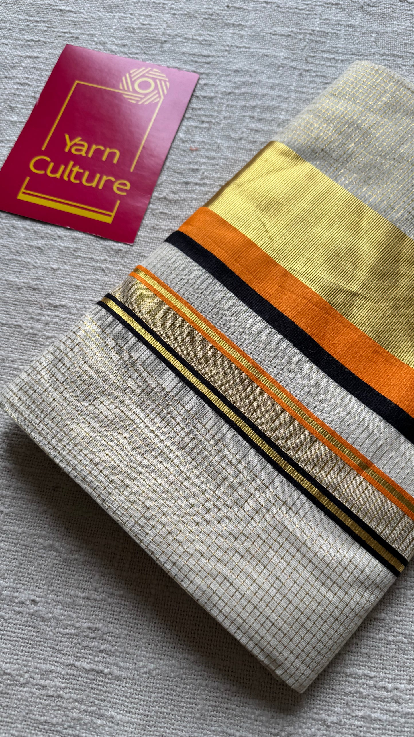 Ivory with gold checks, highlighted by black and orange border, kerala tissue cotton - YCON25KCCK80