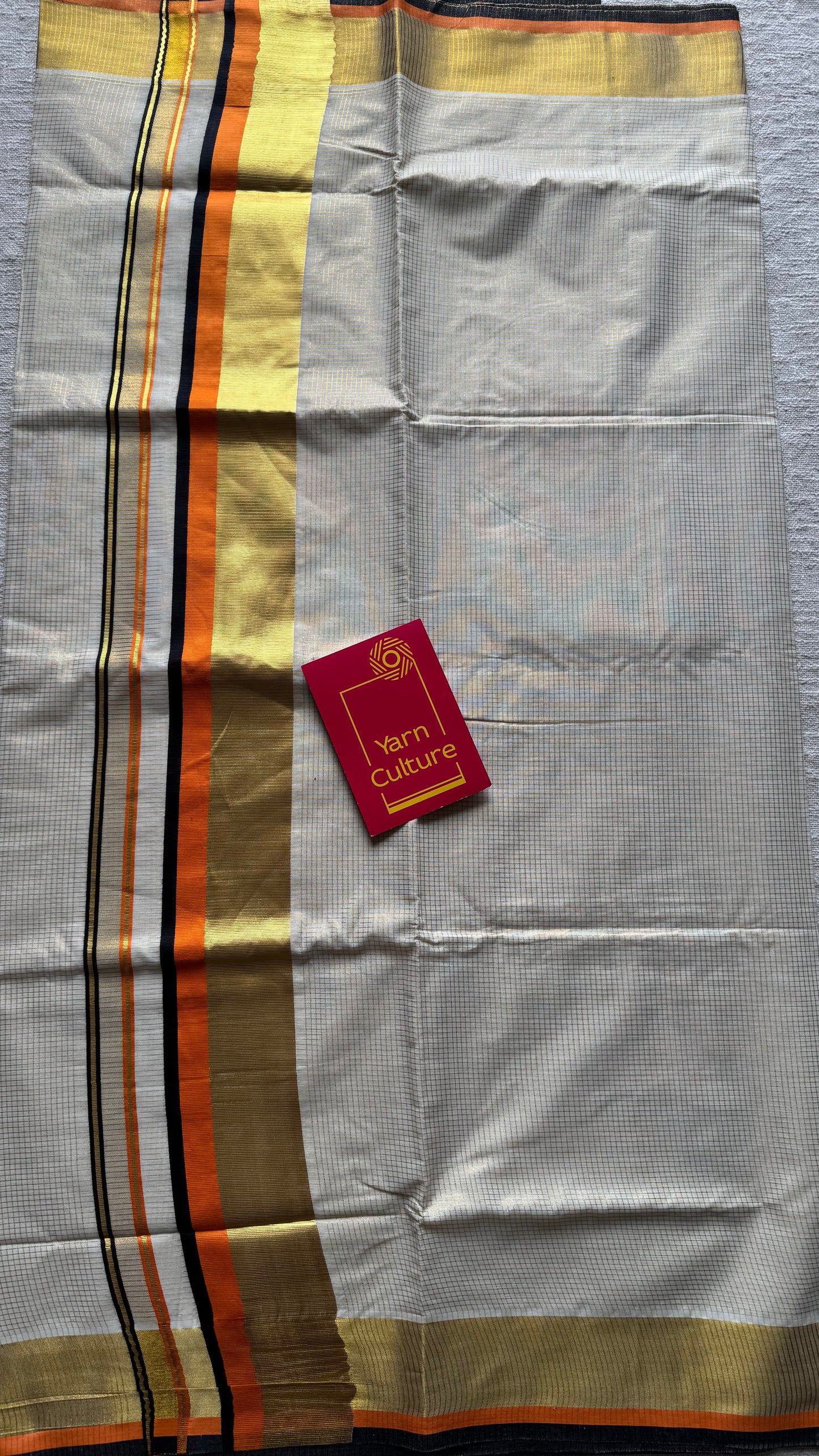 Ivory with gold checks, highlighted by black and orange border, kerala tissue cotton - YCON25KCCK80