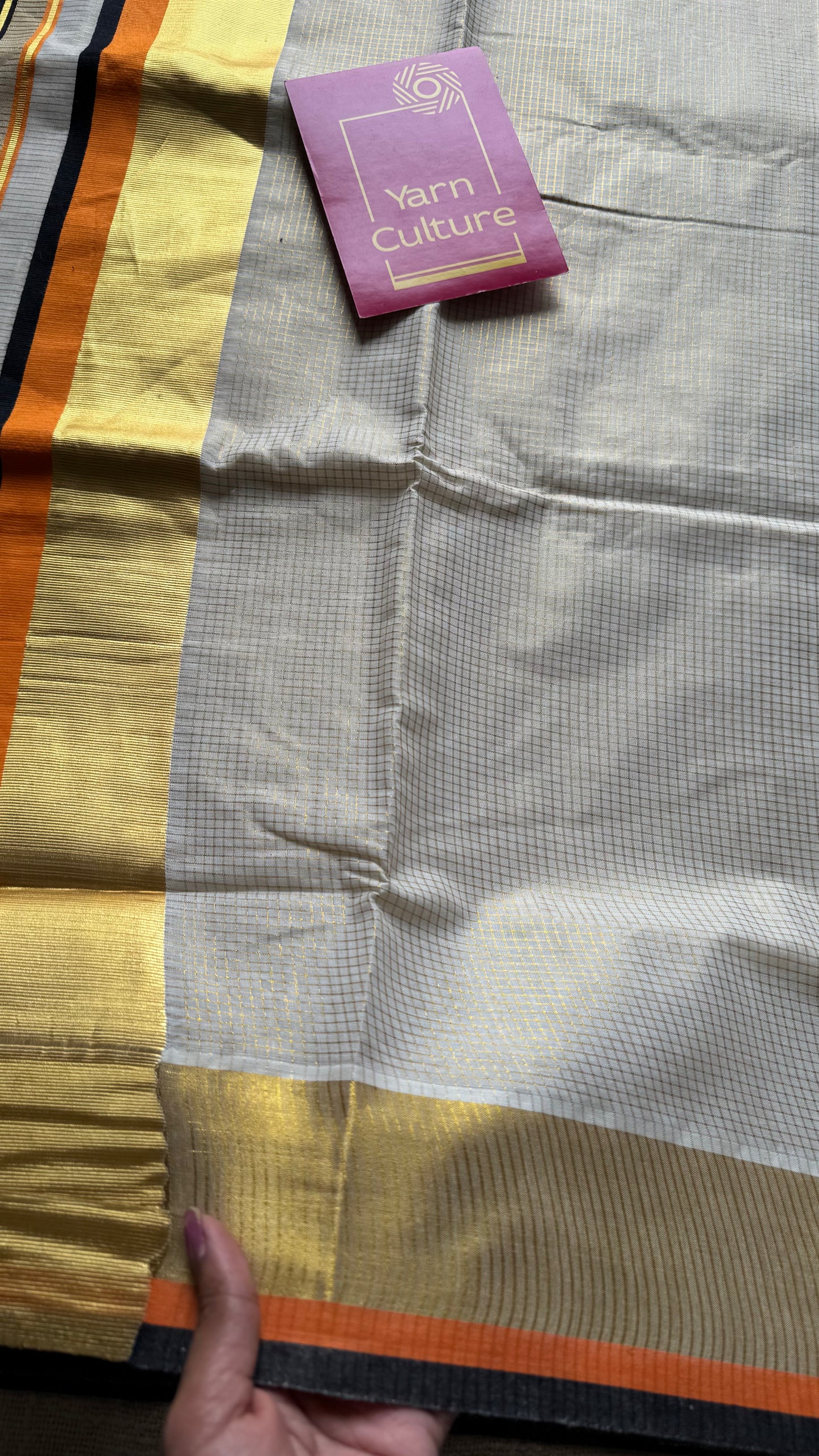 Ivory with gold checks, highlighted by black and orange border, kerala tissue cotton - YCON25KCCK80