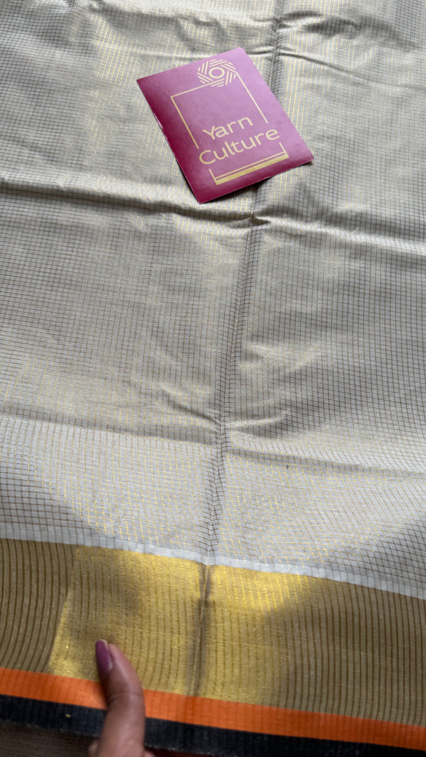 Ivory with gold checks, highlighted by black and orange border, kerala tissue cotton - YCON25KCCK80