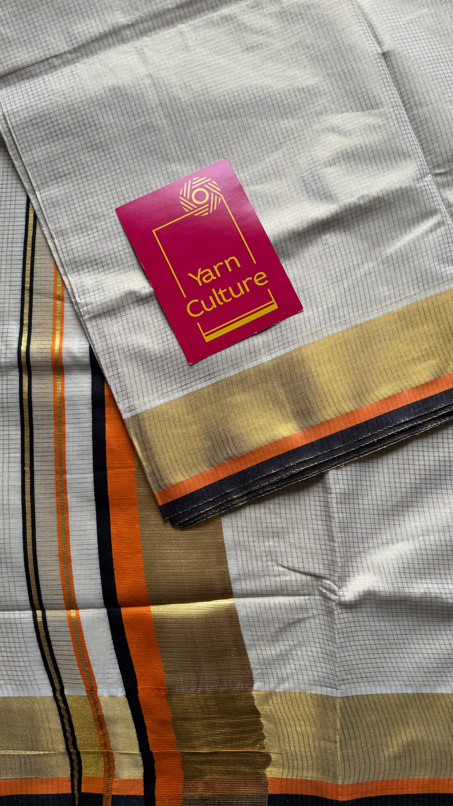 Ivory with gold checks, highlighted by black and orange border, kerala tissue cotton - YCON25KCCK80