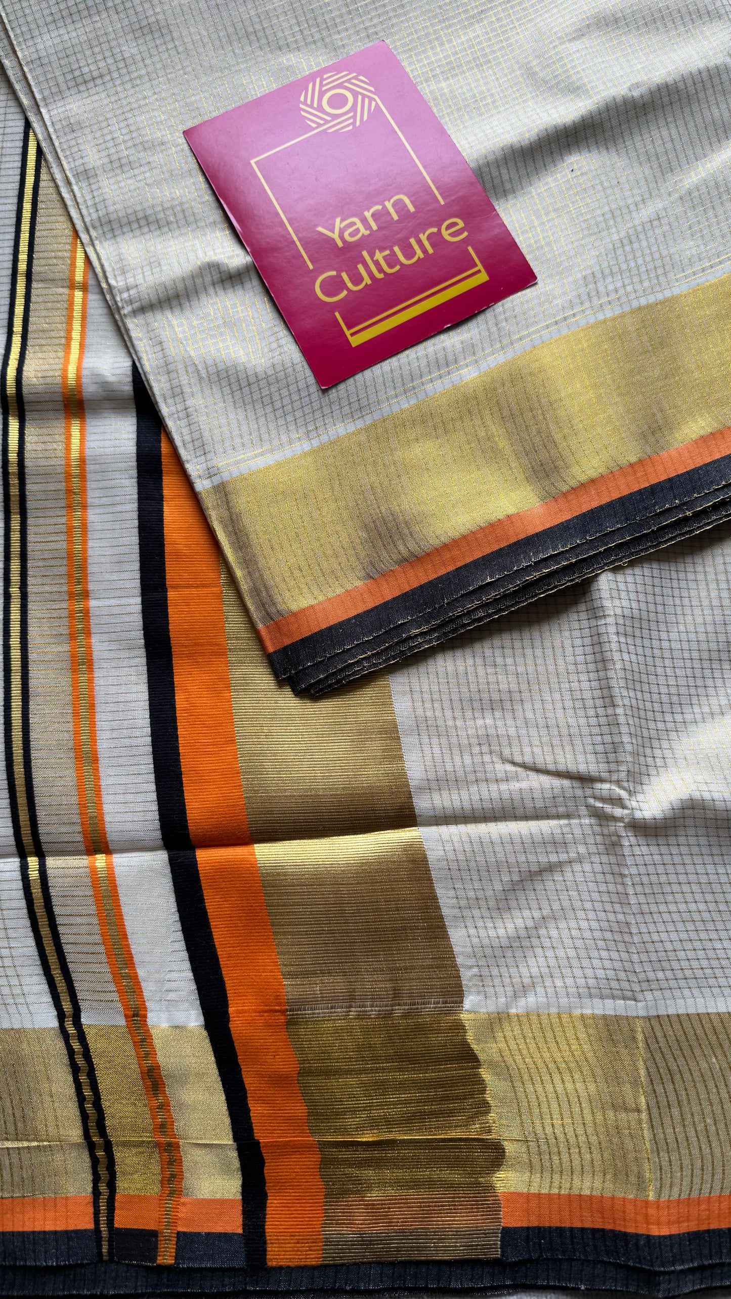 Ivory with gold checks, highlighted by black and orange border, kerala tissue cotton - YCON25KCCK80