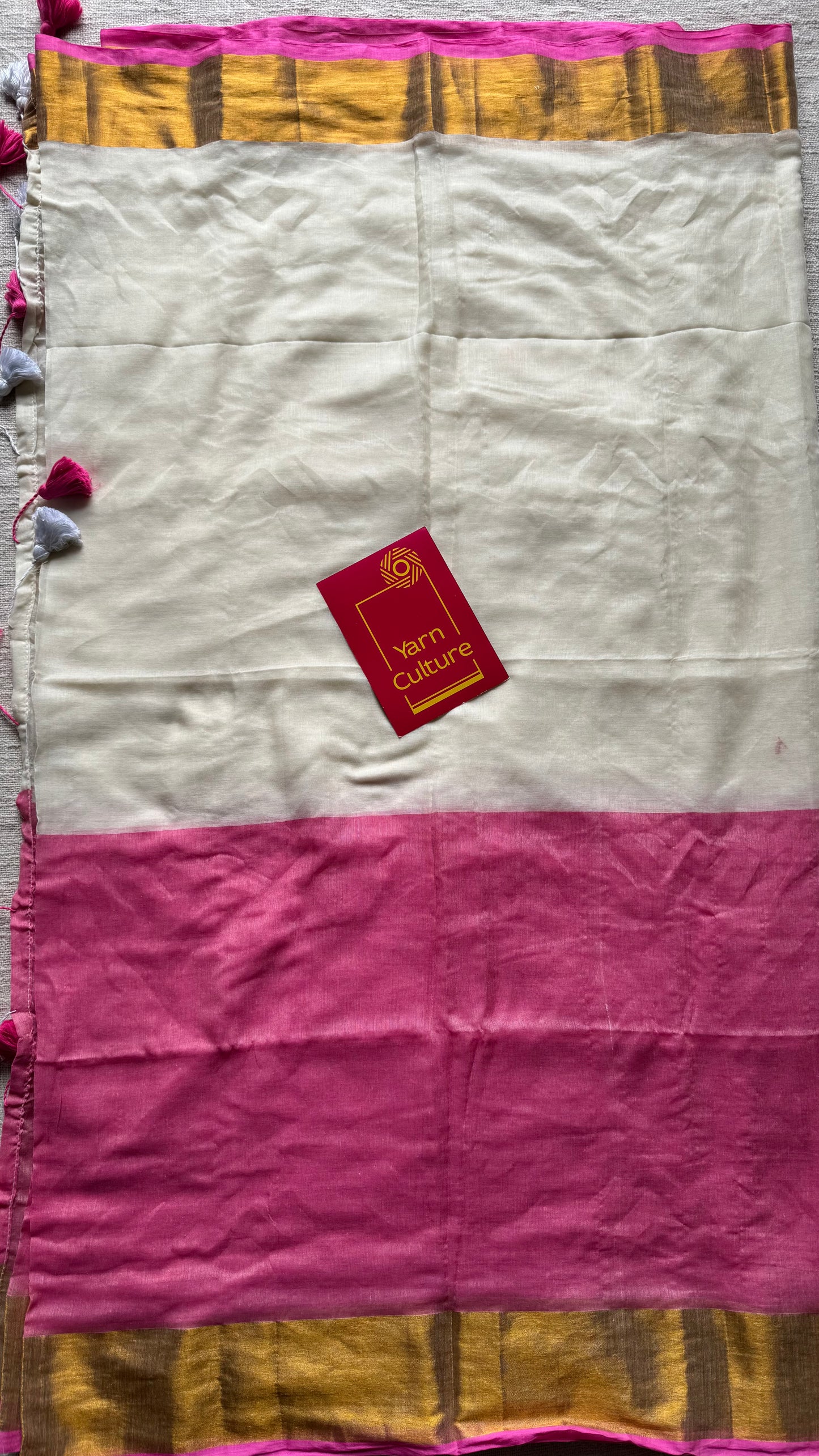 Ivory with dyed pink and antique gold zari border, mul cotton - YCON25BCM25