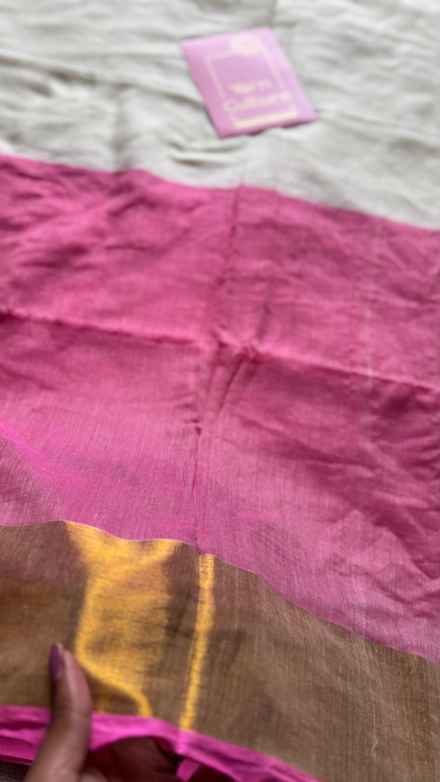 Ivory with dyed pink and antique gold zari border, mul cotton - YCON25BCM25