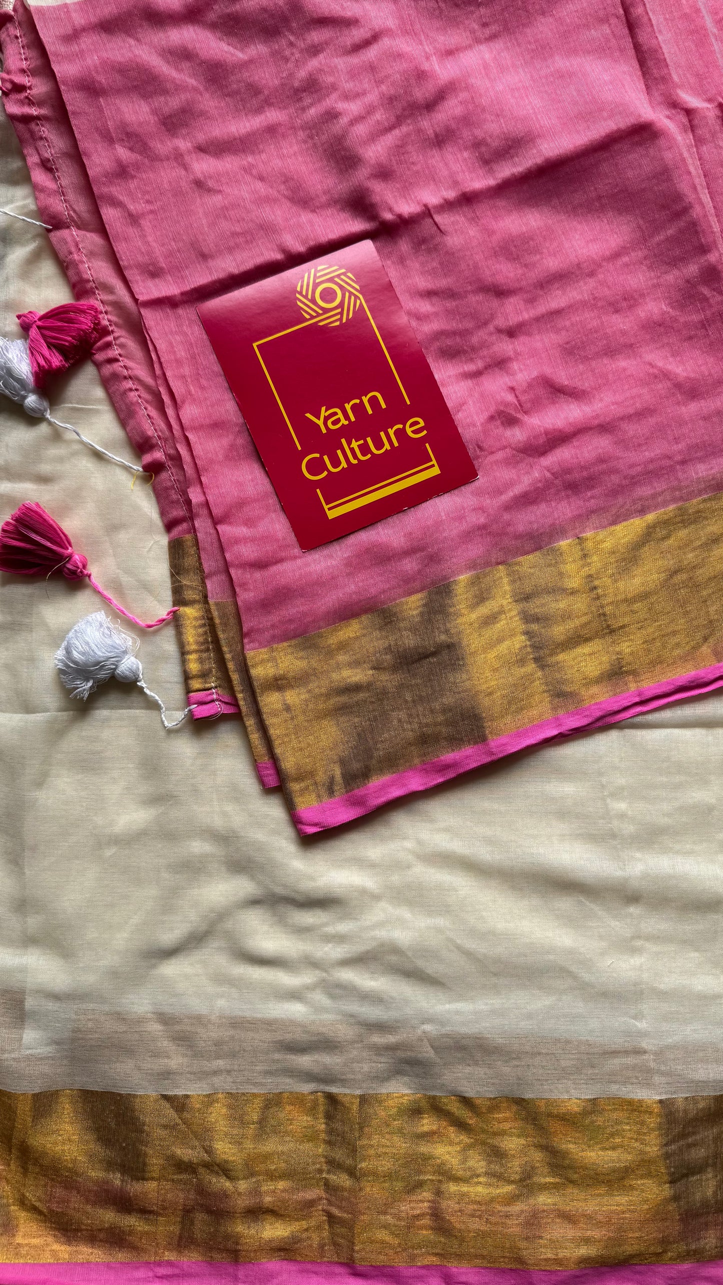 Ivory with dyed pink and antique gold zari border, mul cotton - YCON25BCM25