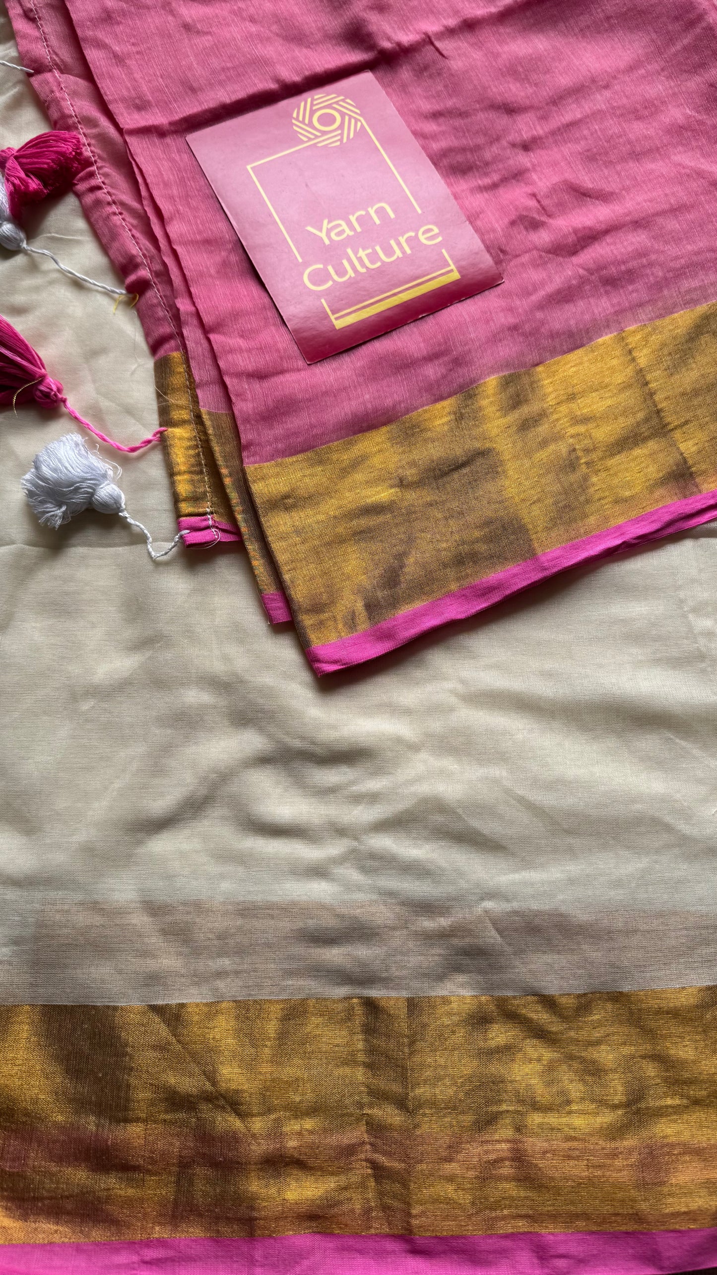 Ivory with dyed pink and antique gold zari border, mul cotton - YCON25BCM25