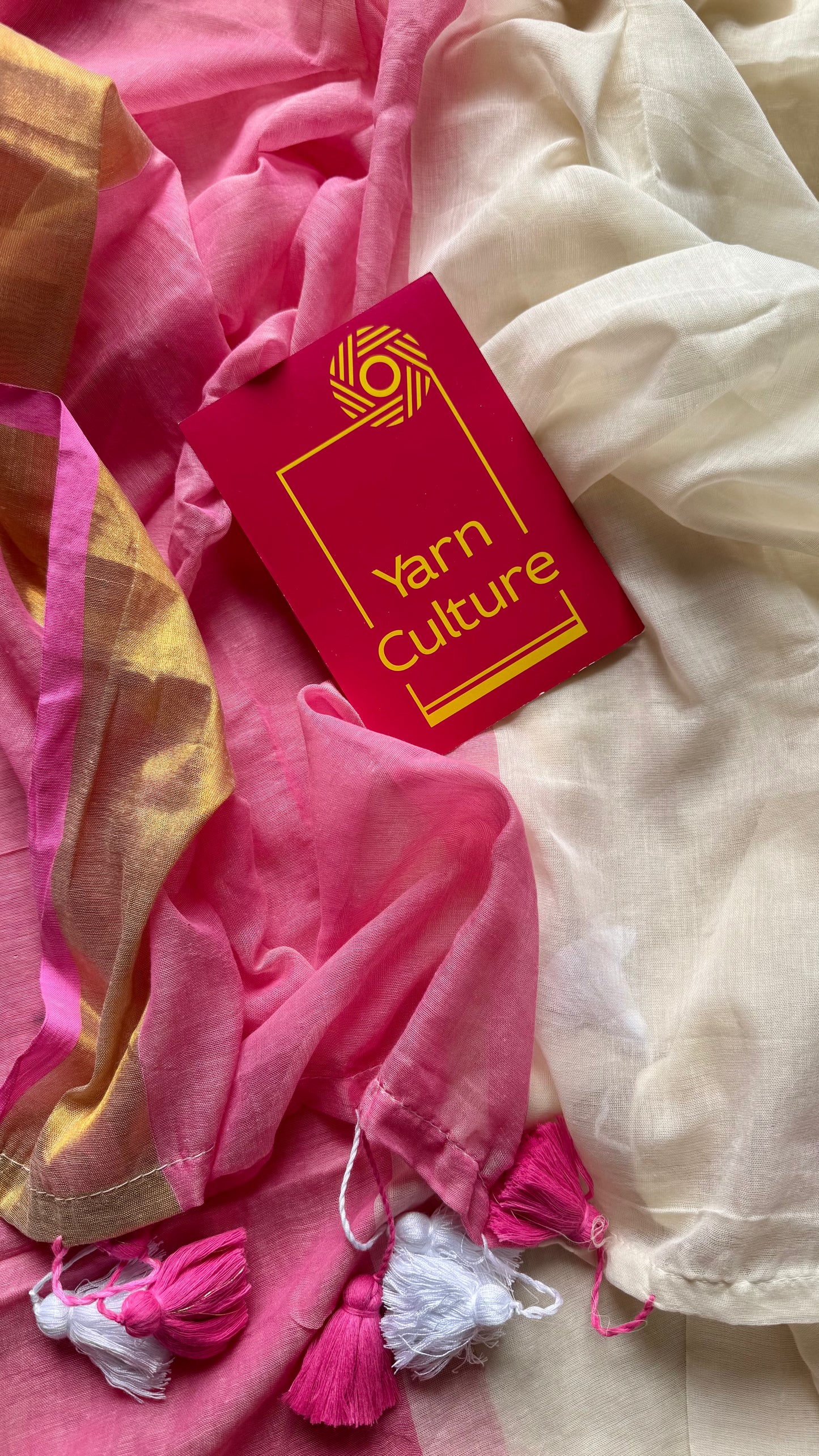 Ivory with dyed pink and antique gold zari border, mul cotton - YCON25BCM25