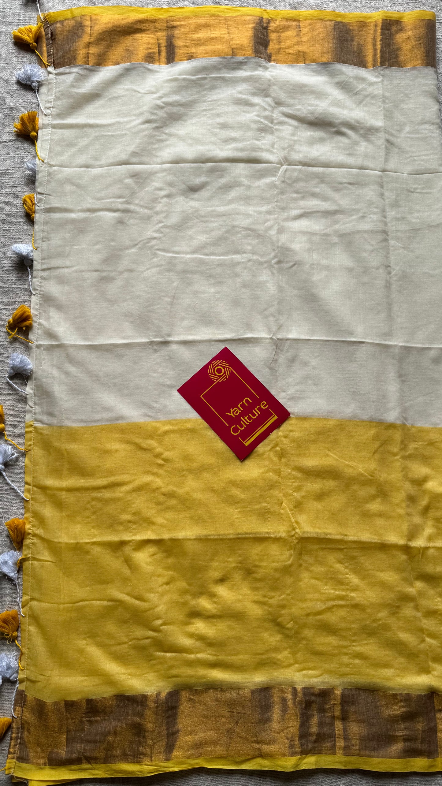 Ivory with dyed yellow and antique gold zari border, mul cotton - YCON25BCM42