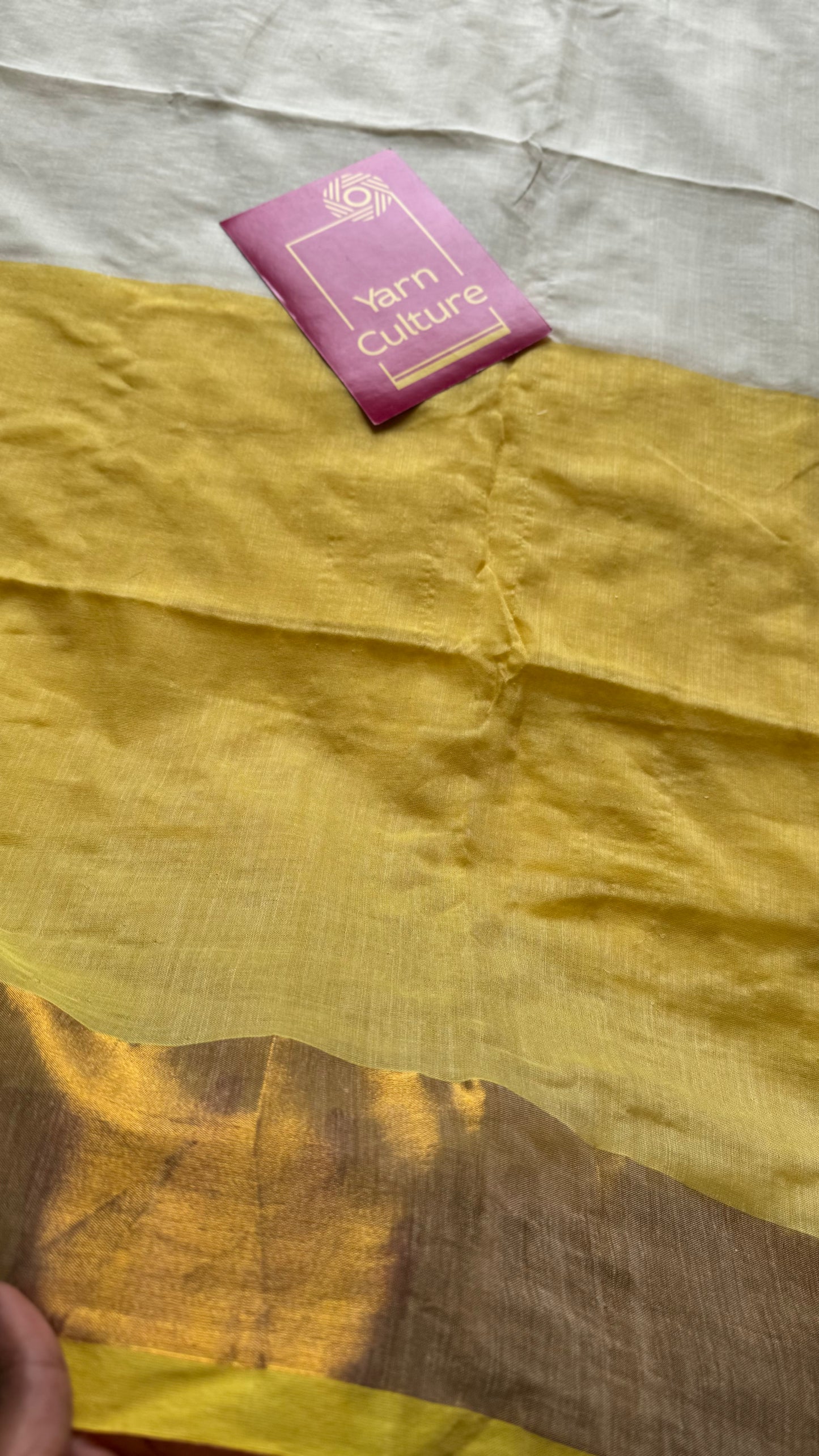 Ivory with dyed yellow and antique gold zari border, mul cotton - YCON25BCM42