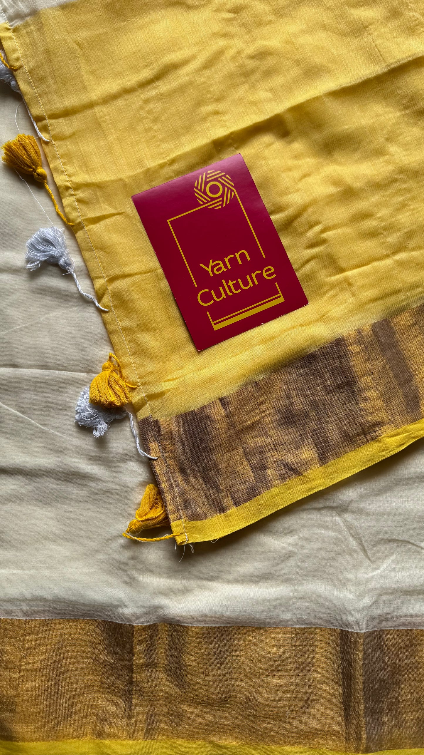 Ivory with dyed yellow and antique gold zari border, mul cotton - YCON25BCM42