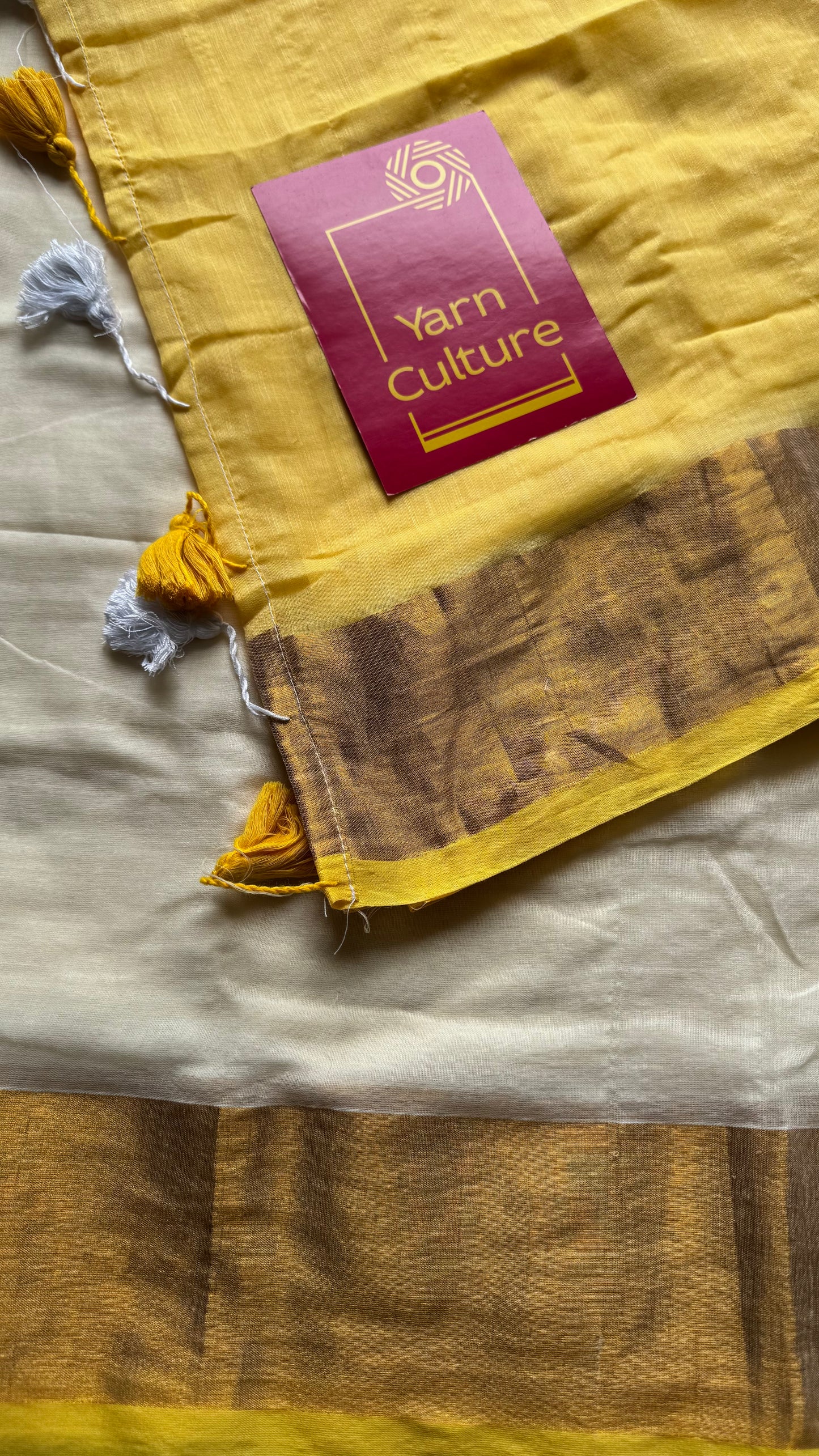 Ivory with dyed yellow and antique gold zari border, mul cotton - YCON25BCM42