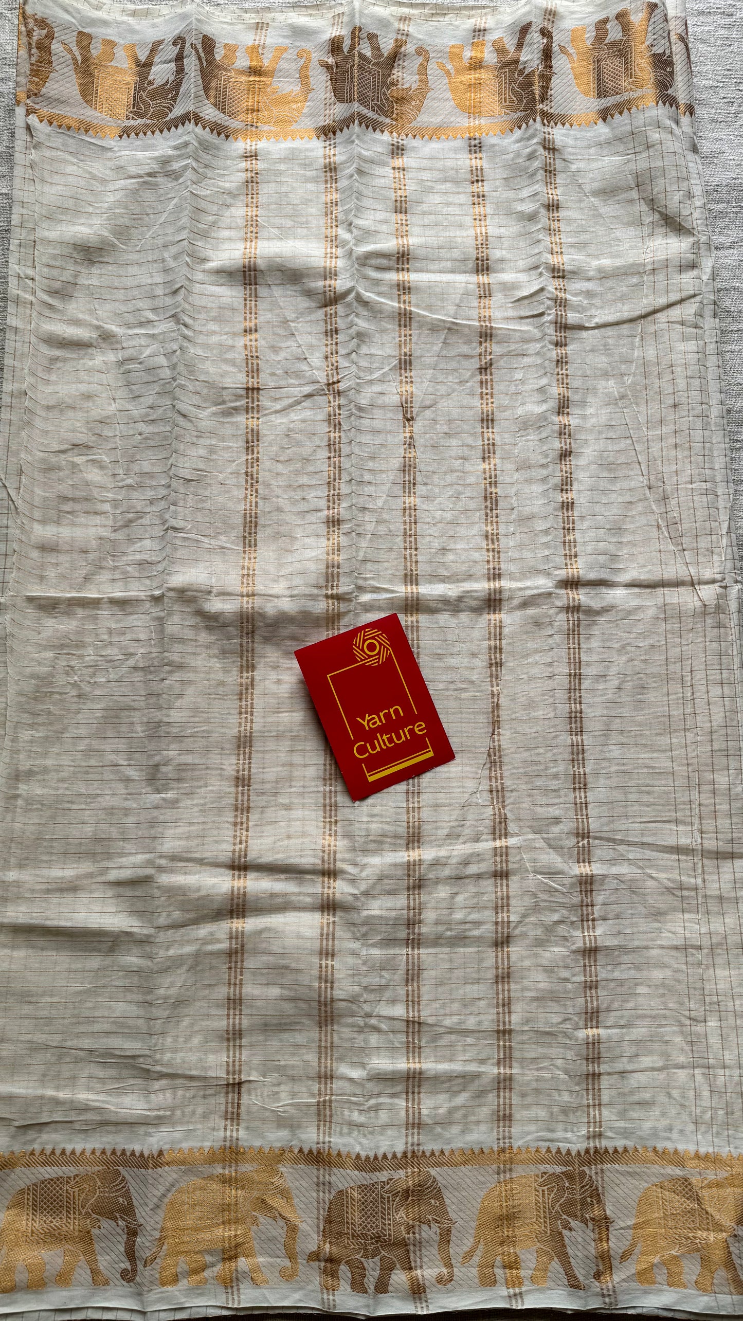 Gaja Rekha - small kattam checks,elephant motif, ivory & gold, soft cotton - YCON25COTN102