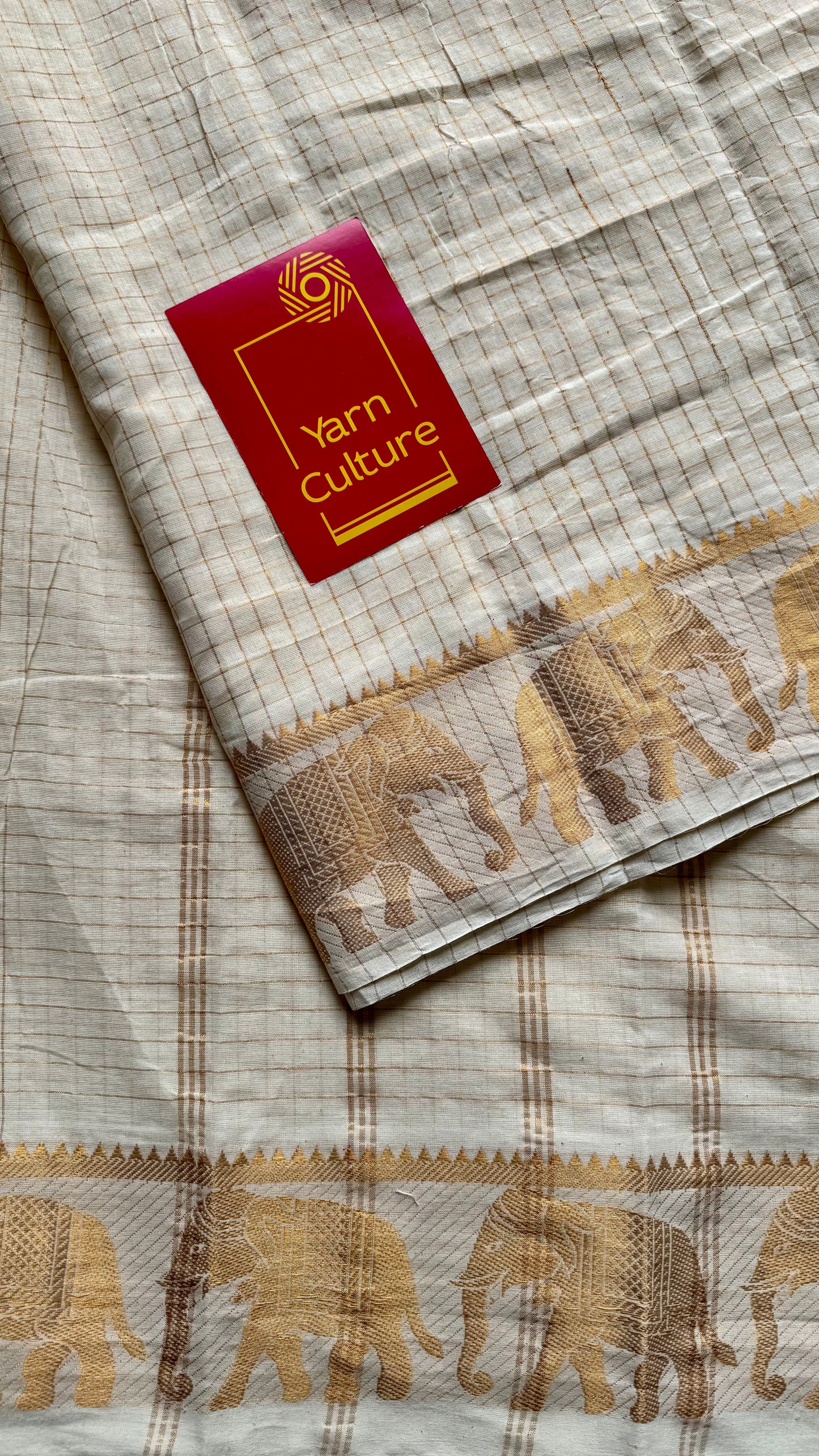 Gaja Rekha - small kattam checks,elephant motif, ivory & gold, soft cotton - YCON25COTN102