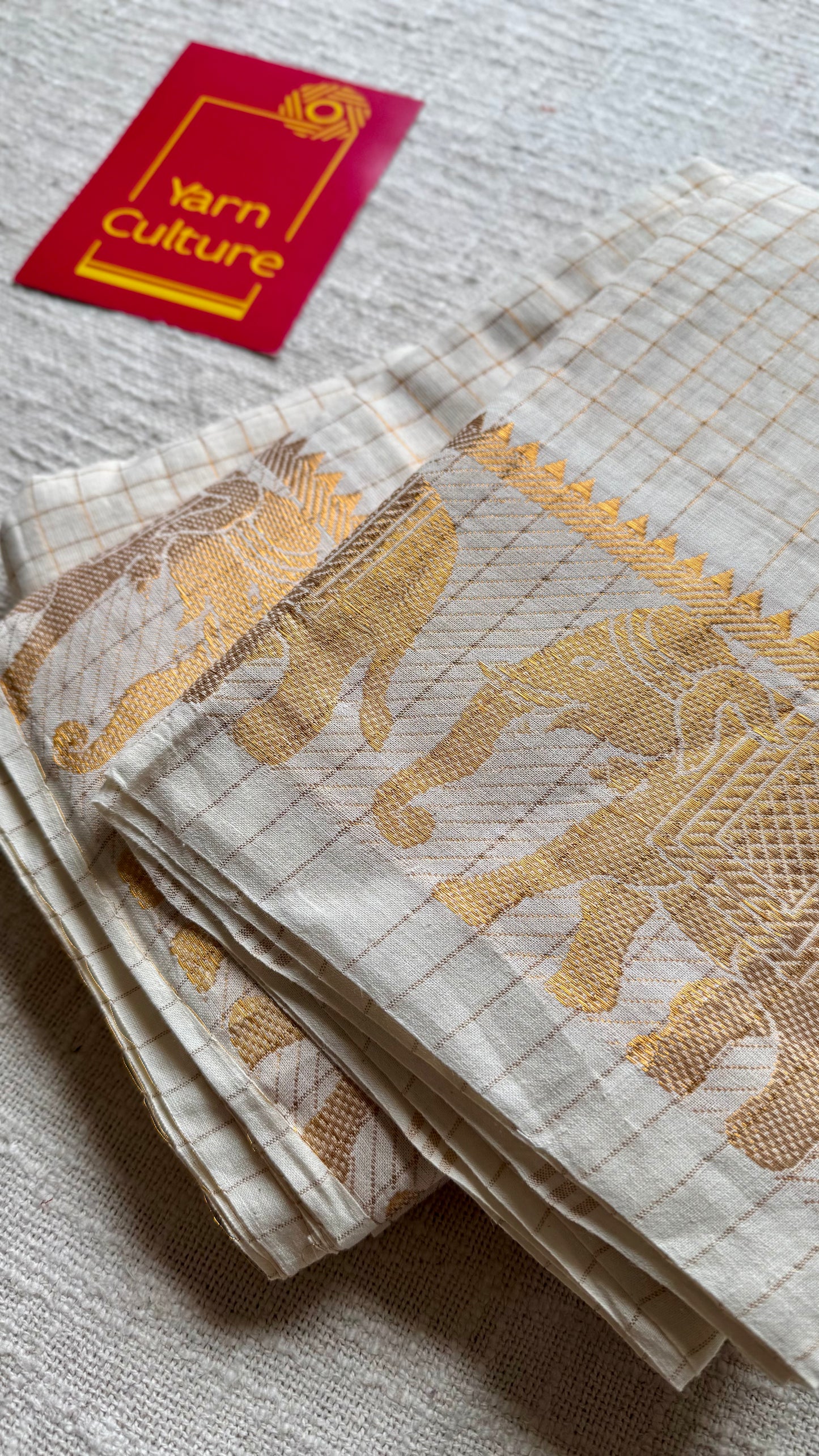 Gaja Rekha - small kattam checks,elephant motif, ivory & gold, soft cotton - YCON25COTN102