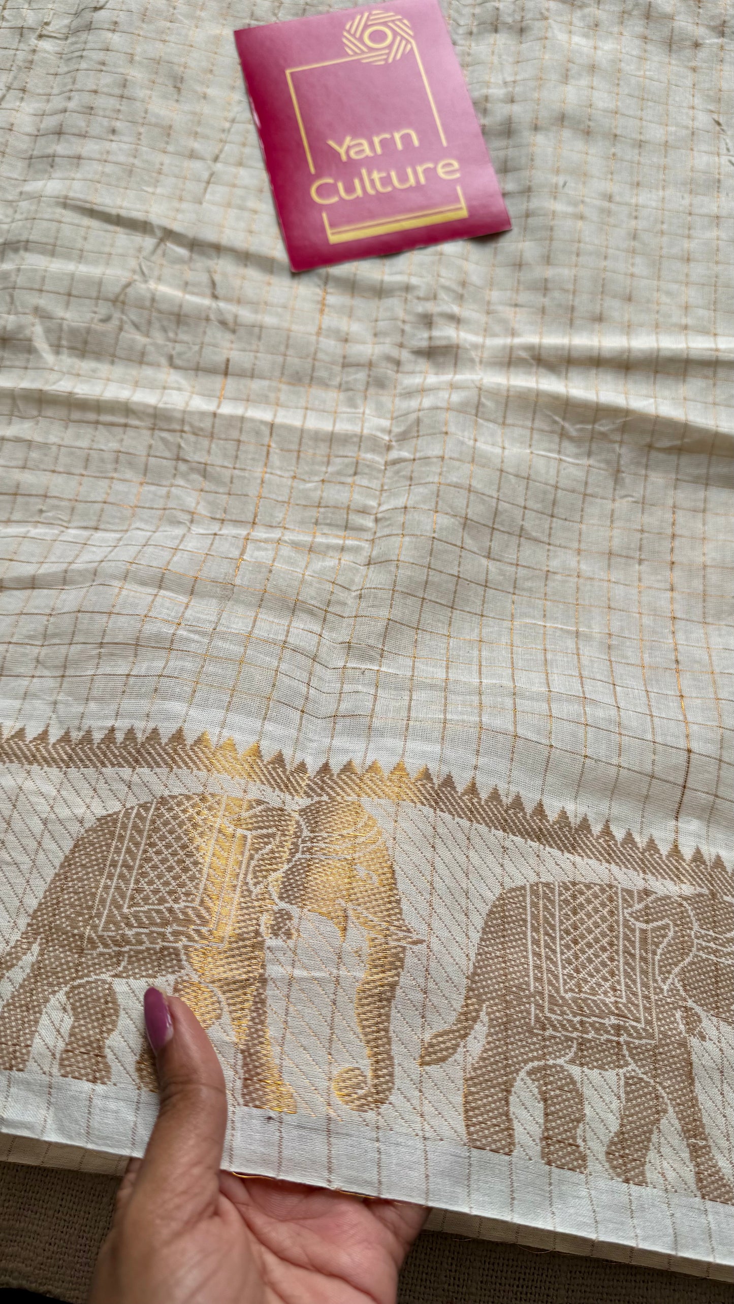 Gaja Rekha - small kattam checks,elephant motif, ivory & gold, soft cotton - YCON25COTN102