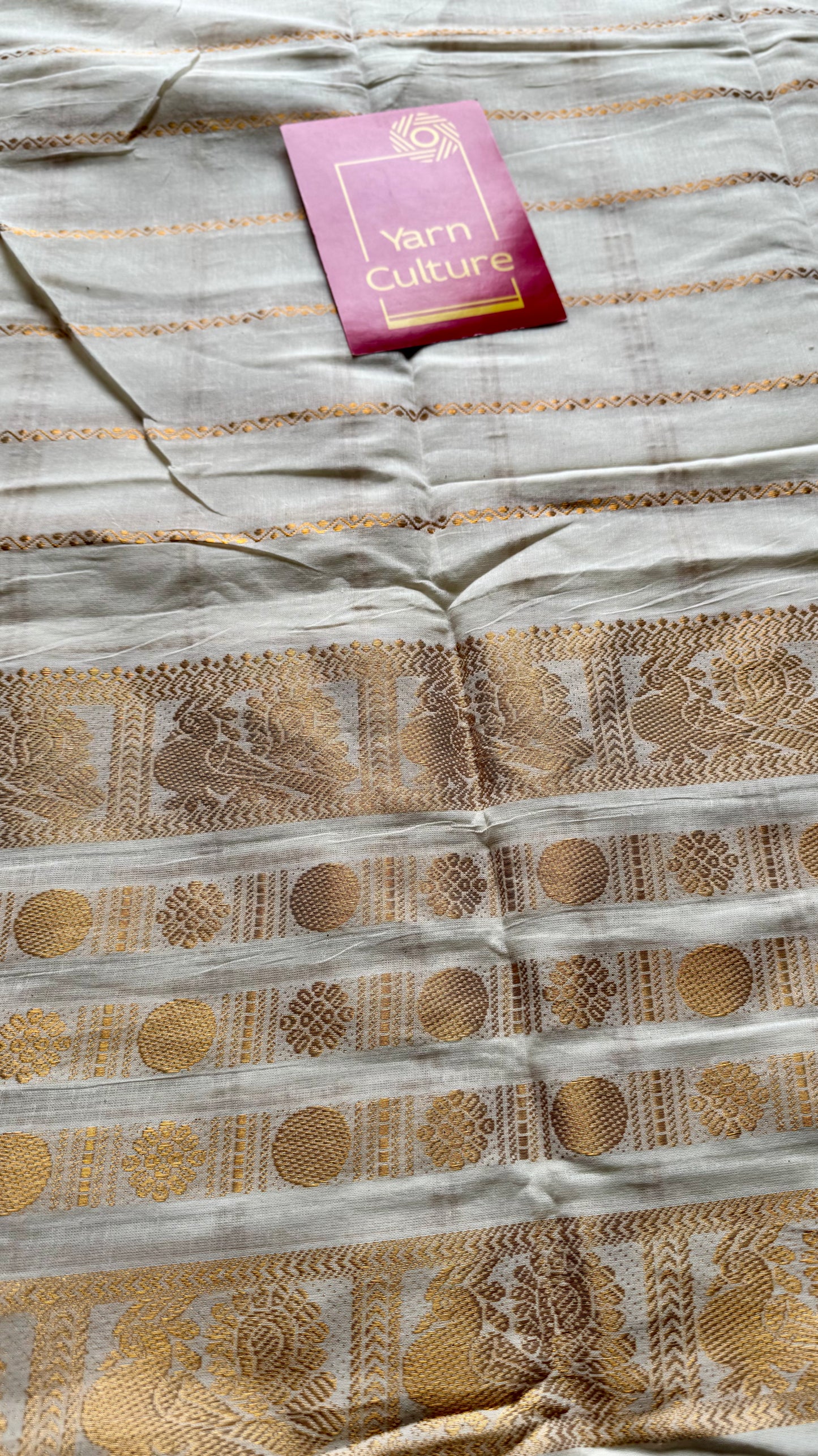 Mayilrudra - veldhaari pattern, broad motif, ivory & gold, soft cotton - YCON25COTN86