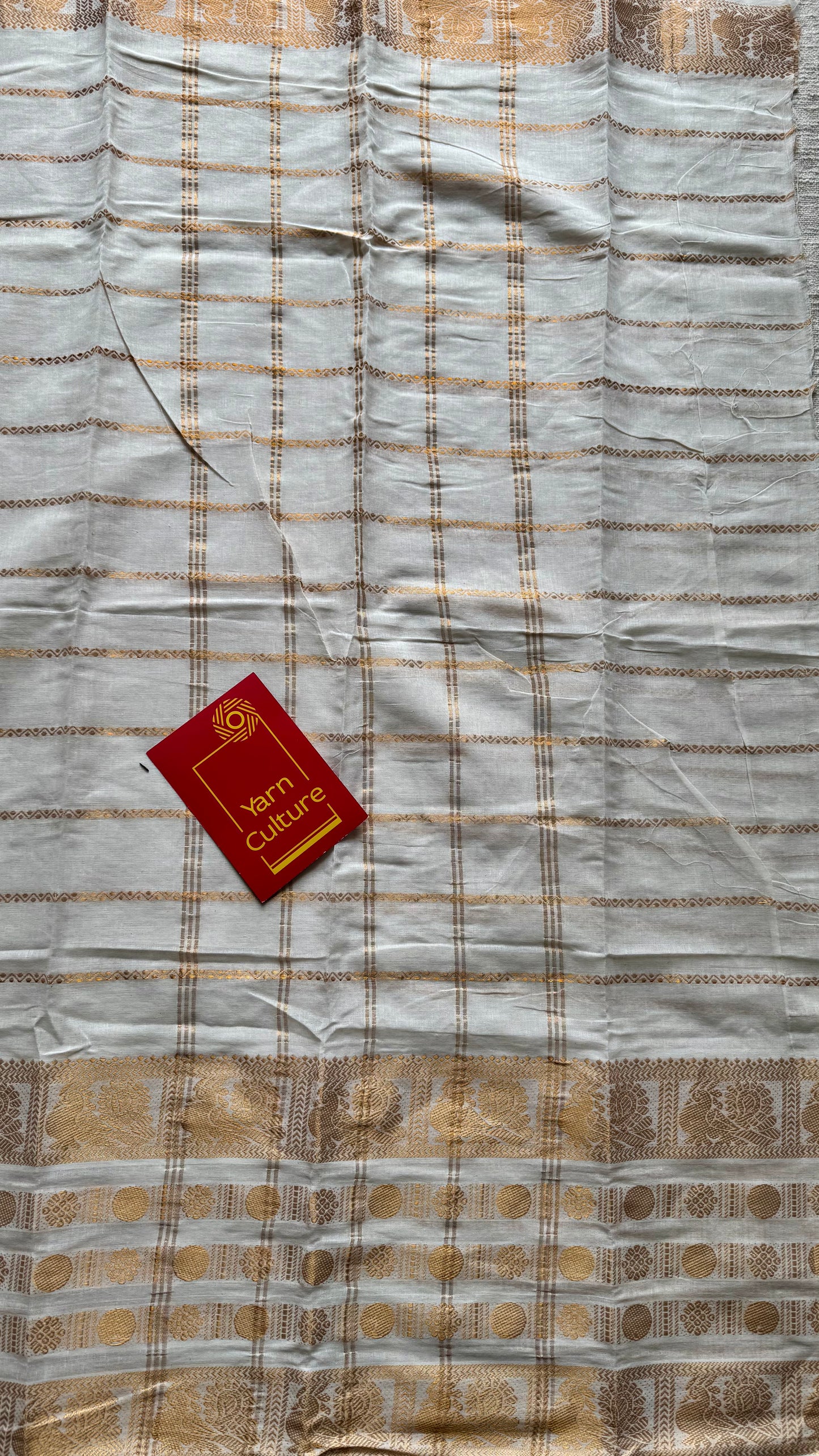 Mayilrudra - veldhaari pattern, broad motif, ivory & gold, soft cotton - YCON25COTN86