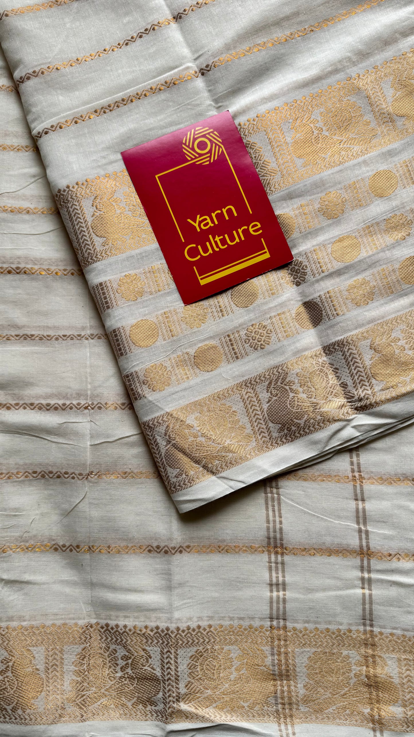 Mayilrudra - veldhaari pattern, broad motif, ivory & gold, soft cotton - YCON25COTN86