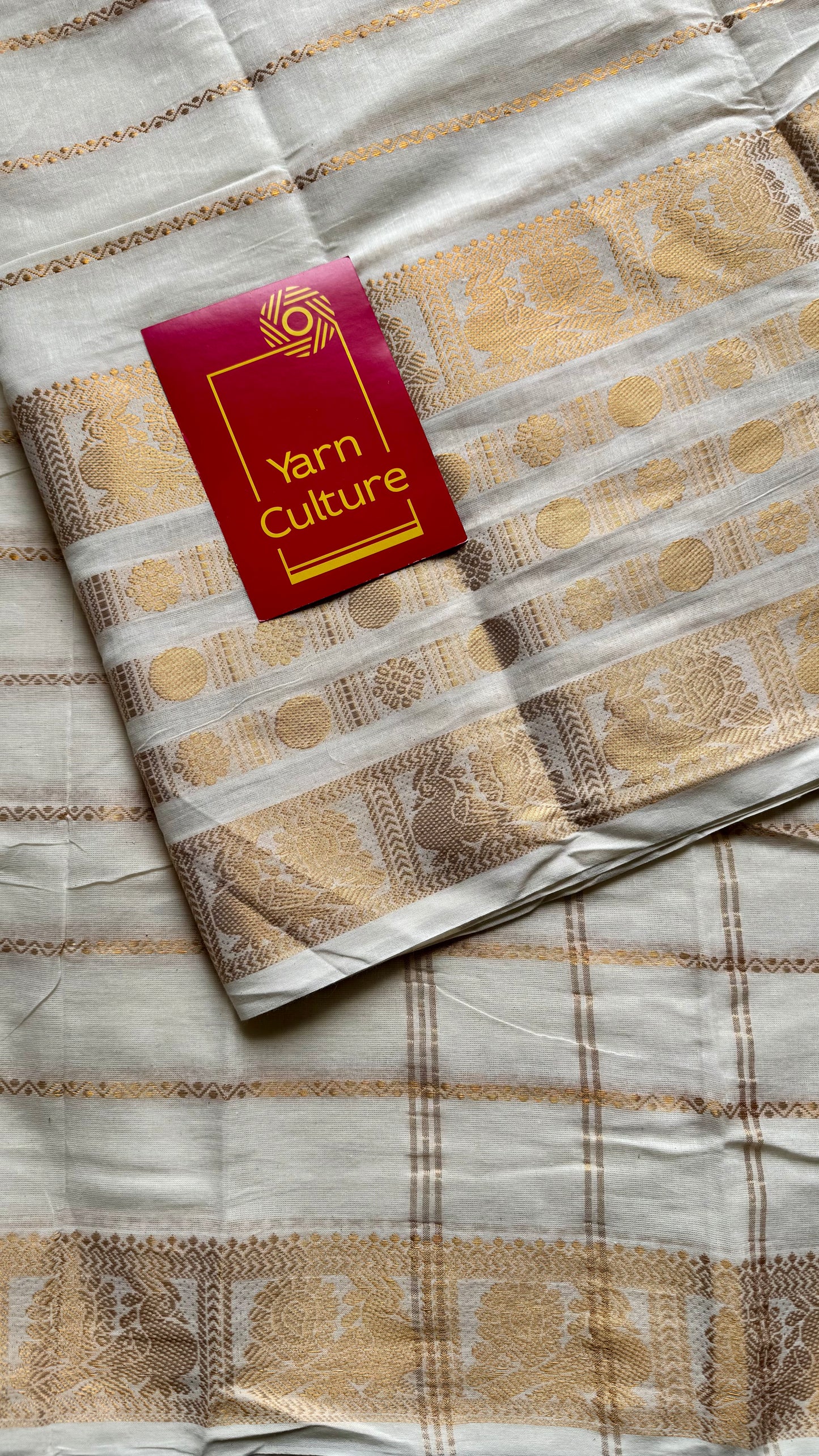 Mayilrudra - veldhaari pattern, broad motif, ivory & gold, soft cotton - YCON25COTN86