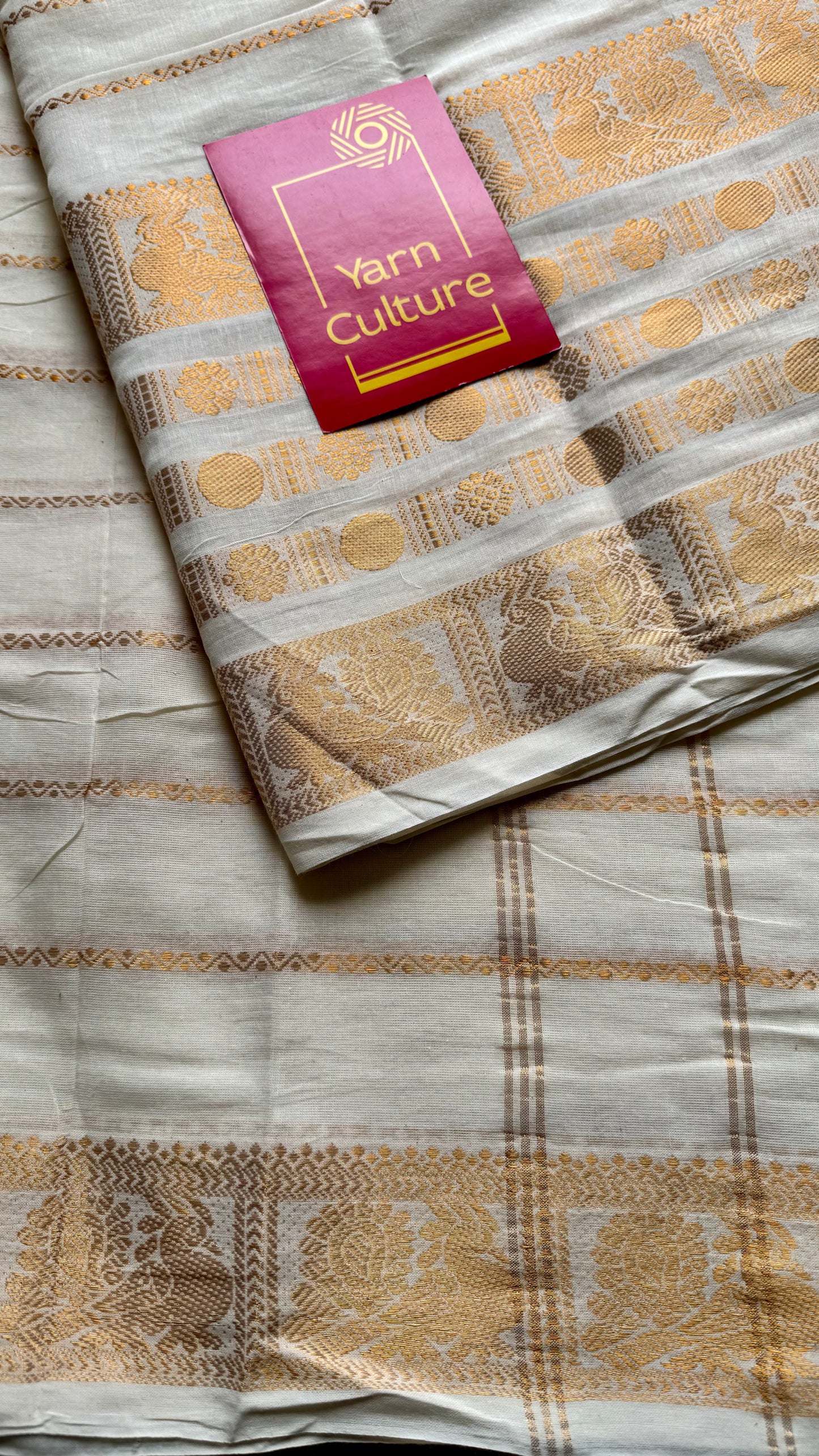Mayilrudra - veldhaari pattern, broad motif, ivory & gold, soft cotton - YCON25COTN86