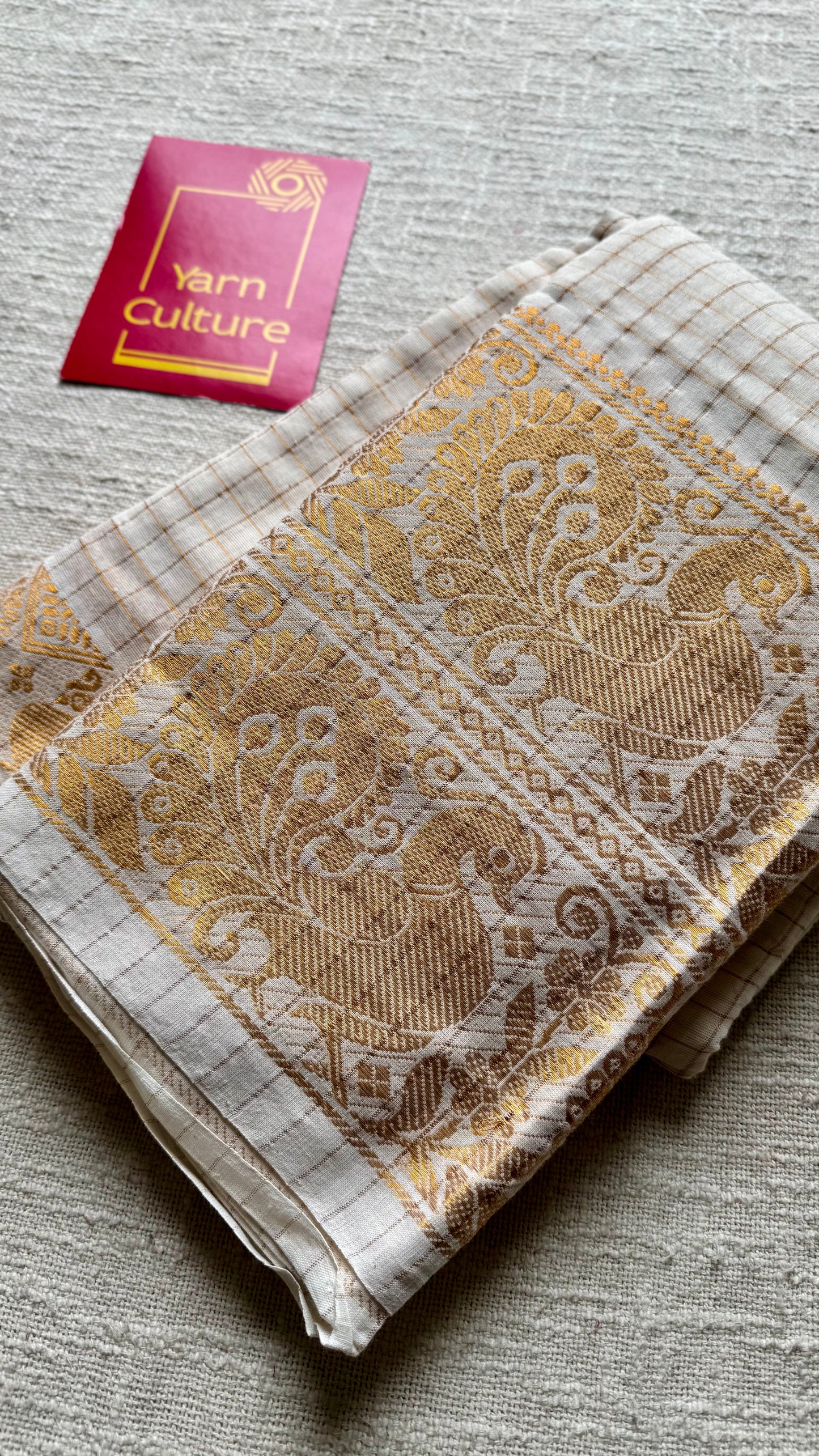 Mayura Rekha - small kattam checks, broad peacock motif, ivory & gold, soft cotton - YCON25COTN90